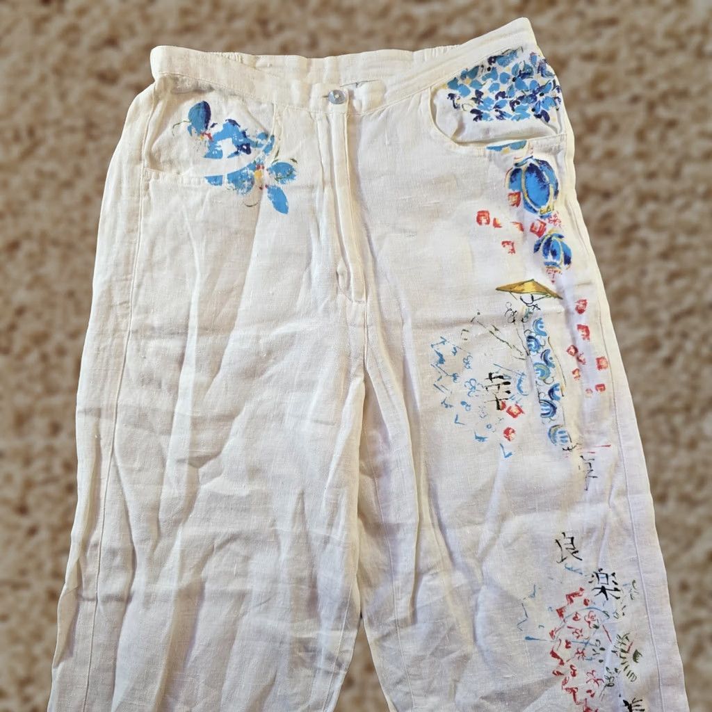 Vintage Chicos Pants Women Size 4 White Linen Floral Painted Art To Wear Artsy Lagenlook Cropped Wide-Leg Casual Size 27" / US 4 / IT 40 - 1 Thumbnail