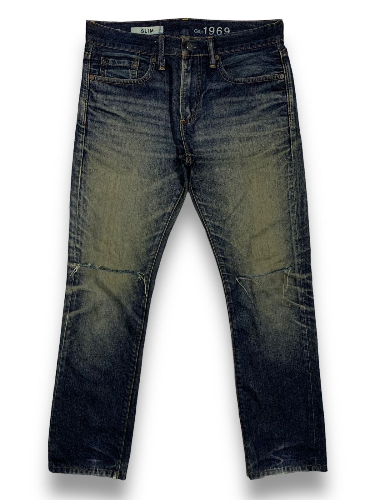Gap Vintage Gap 1969 Dark Blue Wash Slim Distressed Jeans Size US 30 / EU 46 - 1 Thumbnail