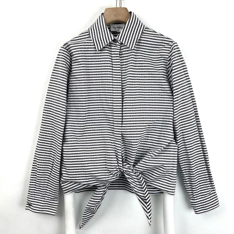 Chanel Black and white dark pattern logo lace-on shirt