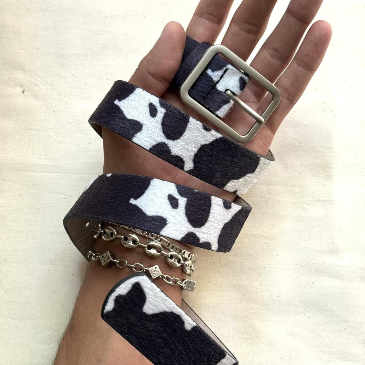 Cowboy Equipment y2k cowhide cow print black and white grunge belt Size ONE SIZE - 6 Thumbnail