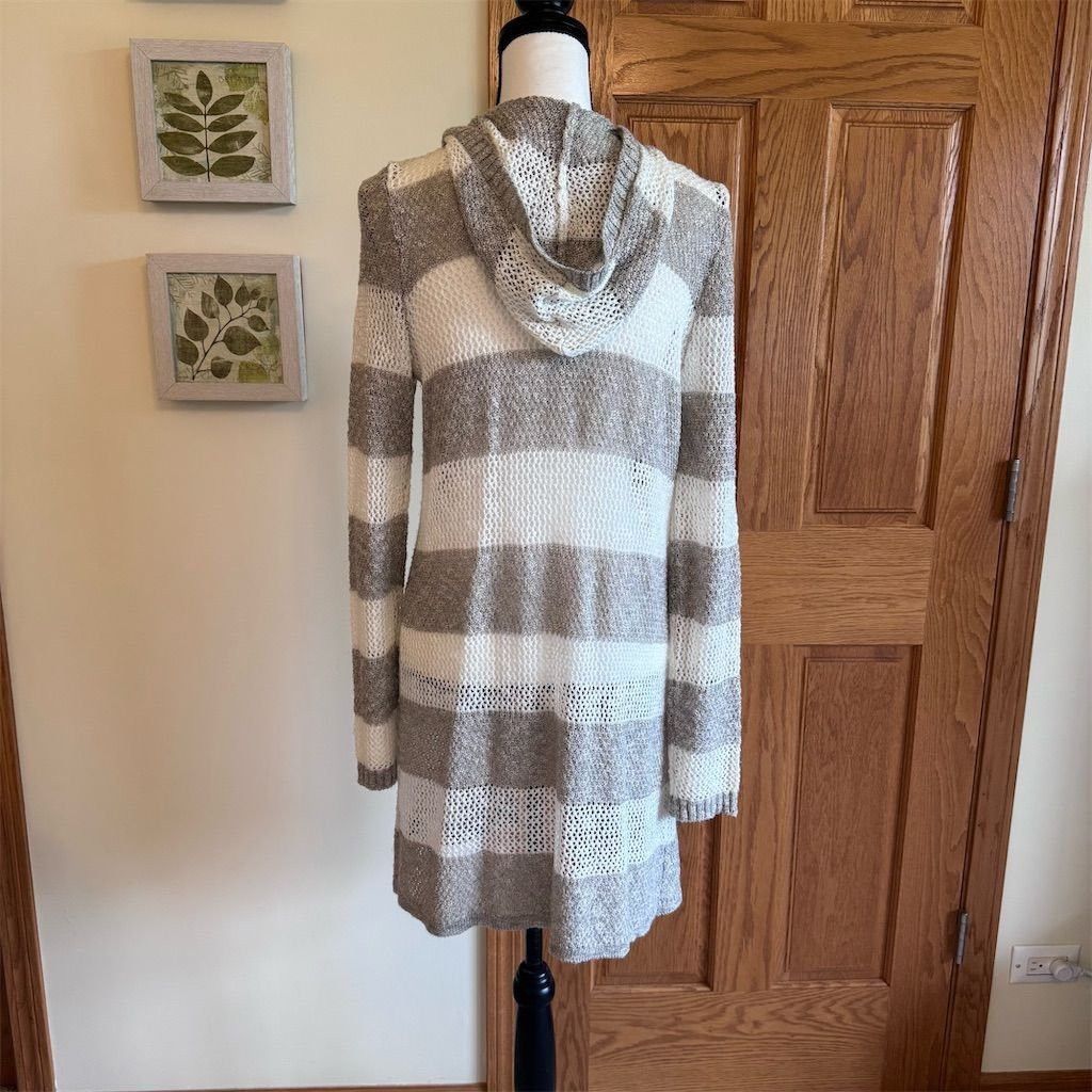 Other AGB Women's Hooded Longline Cardigan Tan Cream Striped Knit Size L / US 10 / IT 46 - 3 Thumbnail
