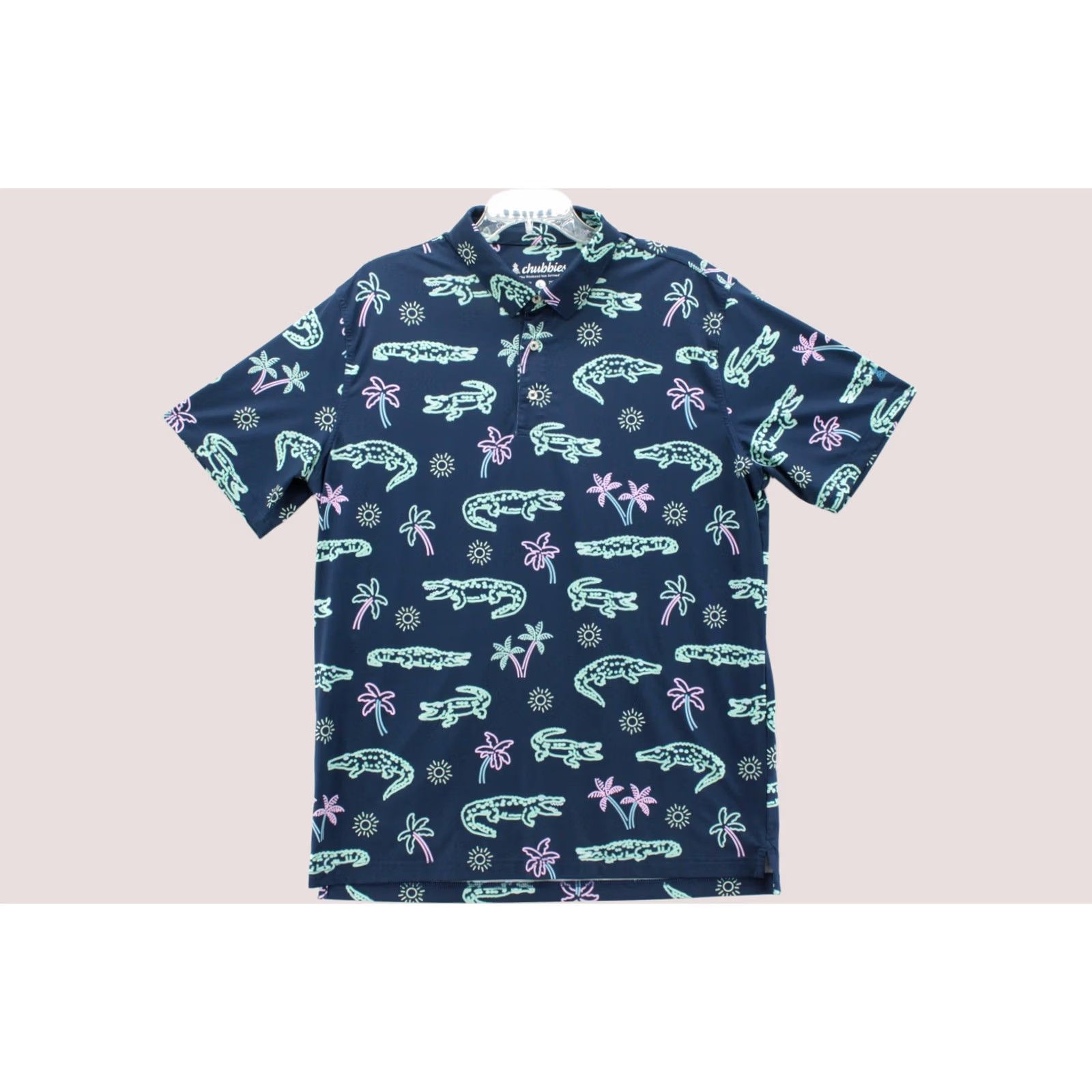 Chubbies Chubbies Polo Shirt Mens L Navy Alligator Palm Tree Sun Print Short Sleeve Shirt Polo Mens L Navy Palm Tree Alligator Print Size US L / EU 52-54 / 3 - 1 Thumbnail