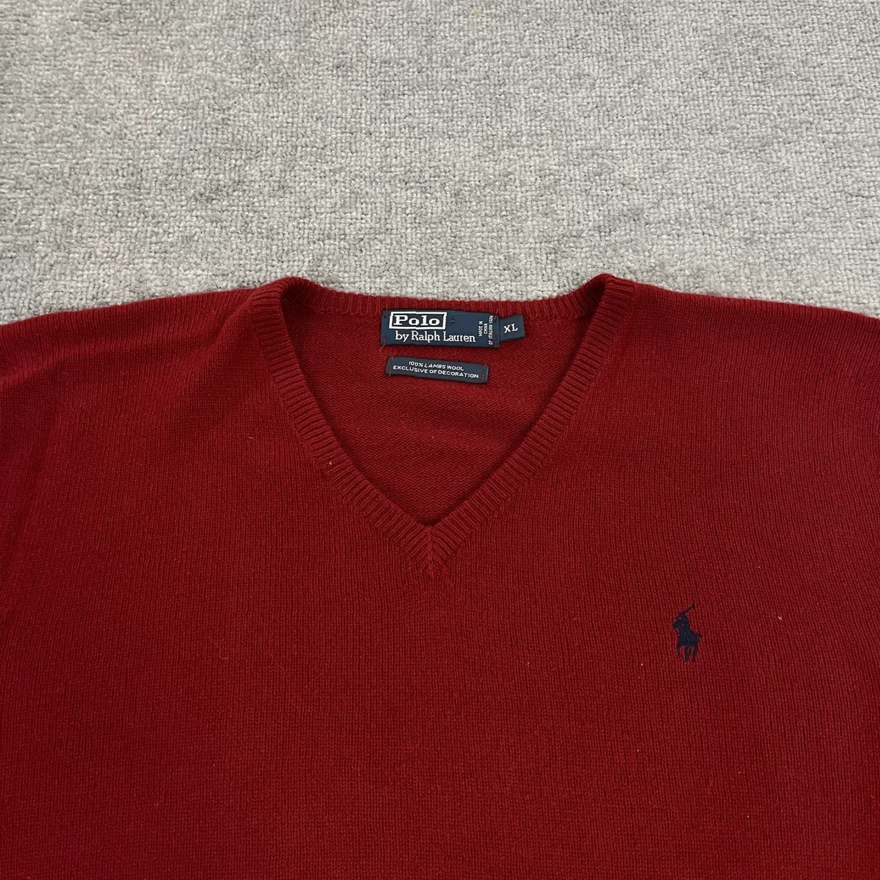 Ralph Lauren Ralph Lauren Sweater Mens XL Red Lambs Wool V-Neck Pullover Polo Pony Embroidered Logo Classic Designer Knit Squared Pattern No N/A Size US XL / EU 56 / 4 - 2 Thumbnail