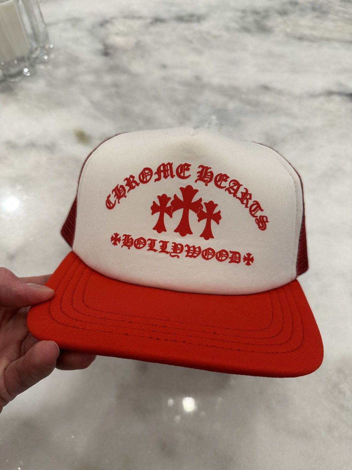 image of Chrome Hearts Hollywood Cross “King Taco” Red Trucker Hat, Men's