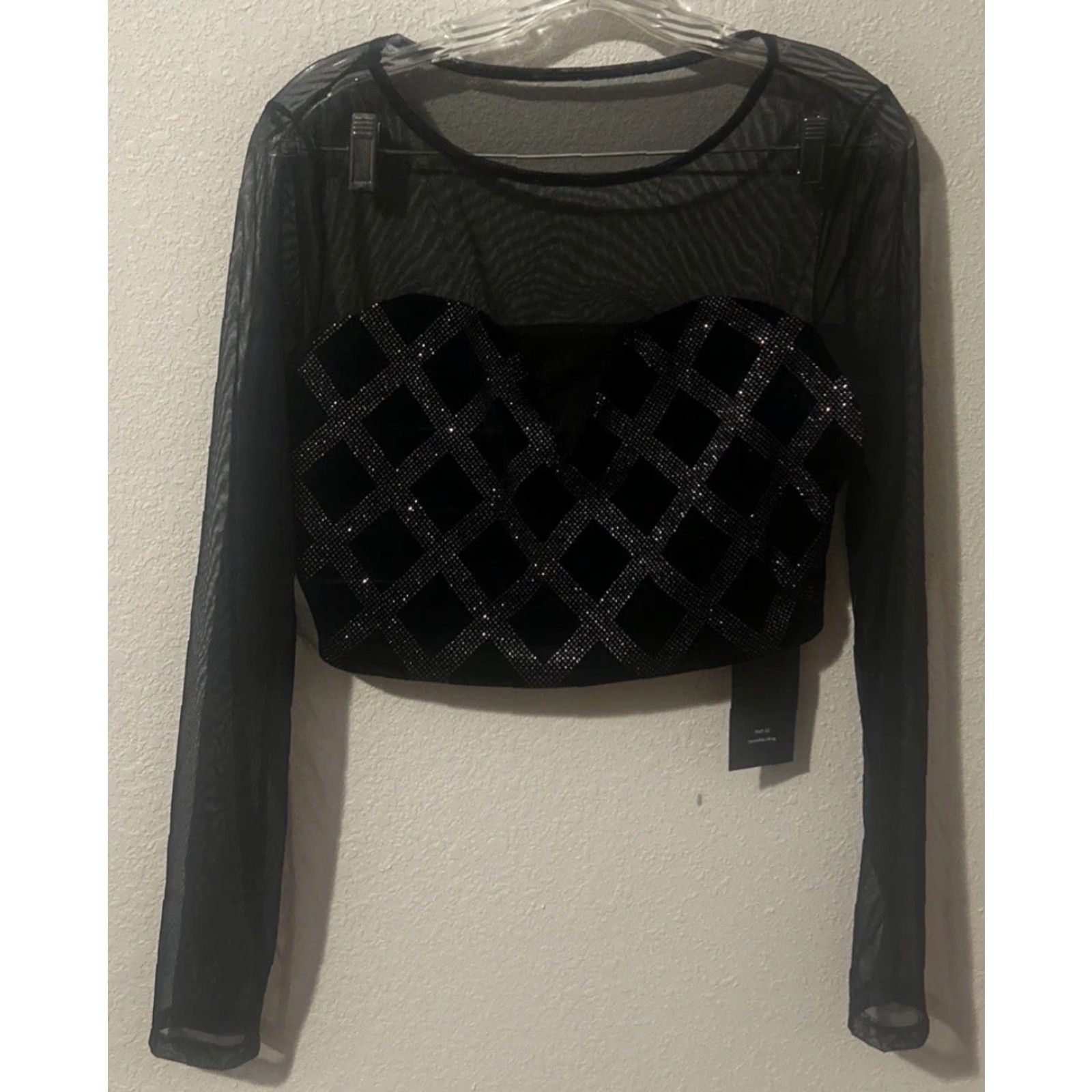 Shein NWT Shein Sheinsxy Black Crop Top Jrs. Sz L sheer sparkle L/S 2135 Blouse Cropped Womens Girls L Size L / US 10 / IT 46 - 2 Thumbnail