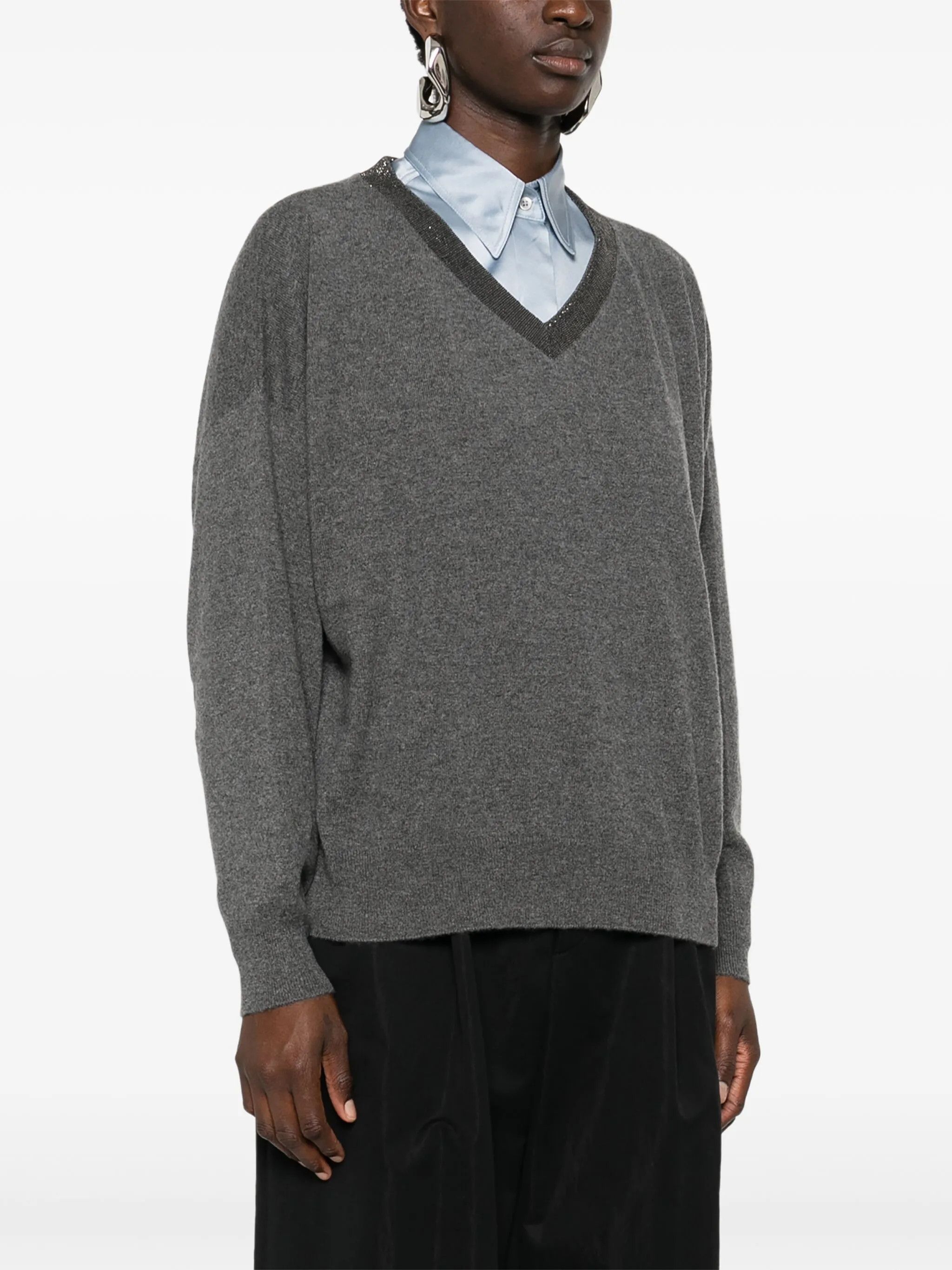 Brunello Cucinelli o1y0825 V-neck Sweater in Gray Size L / US 10 / IT 46 - 3 Thumbnail