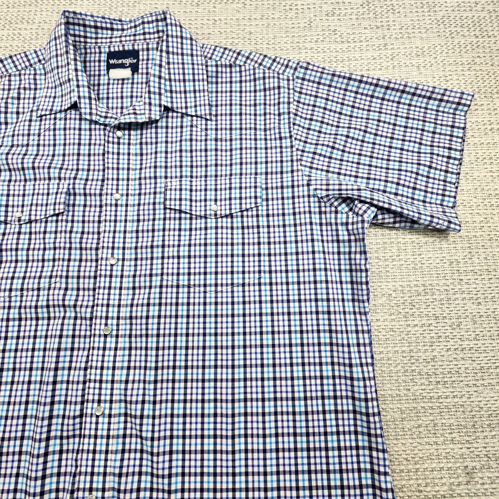 Wrangler Wrangler Shirt Mens XL Blue Plaid Pearl Snap Short Sleeve Western Cowboy Casual Workwear Shirt Size US XL / EU 56 / 4 - 2 Thumbnail