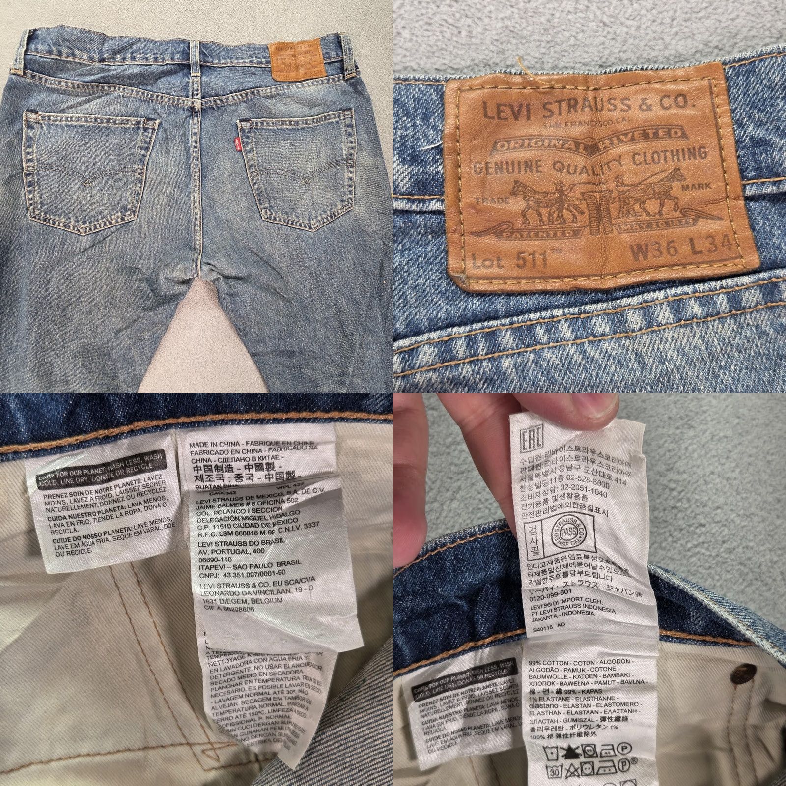 Levi's Levis 511 Jeans Slim Tapered 36x32 Blue Mens Regular Denim Distressed Pocket 501? Size US 36 / EU 52 - 10 Thumbnail