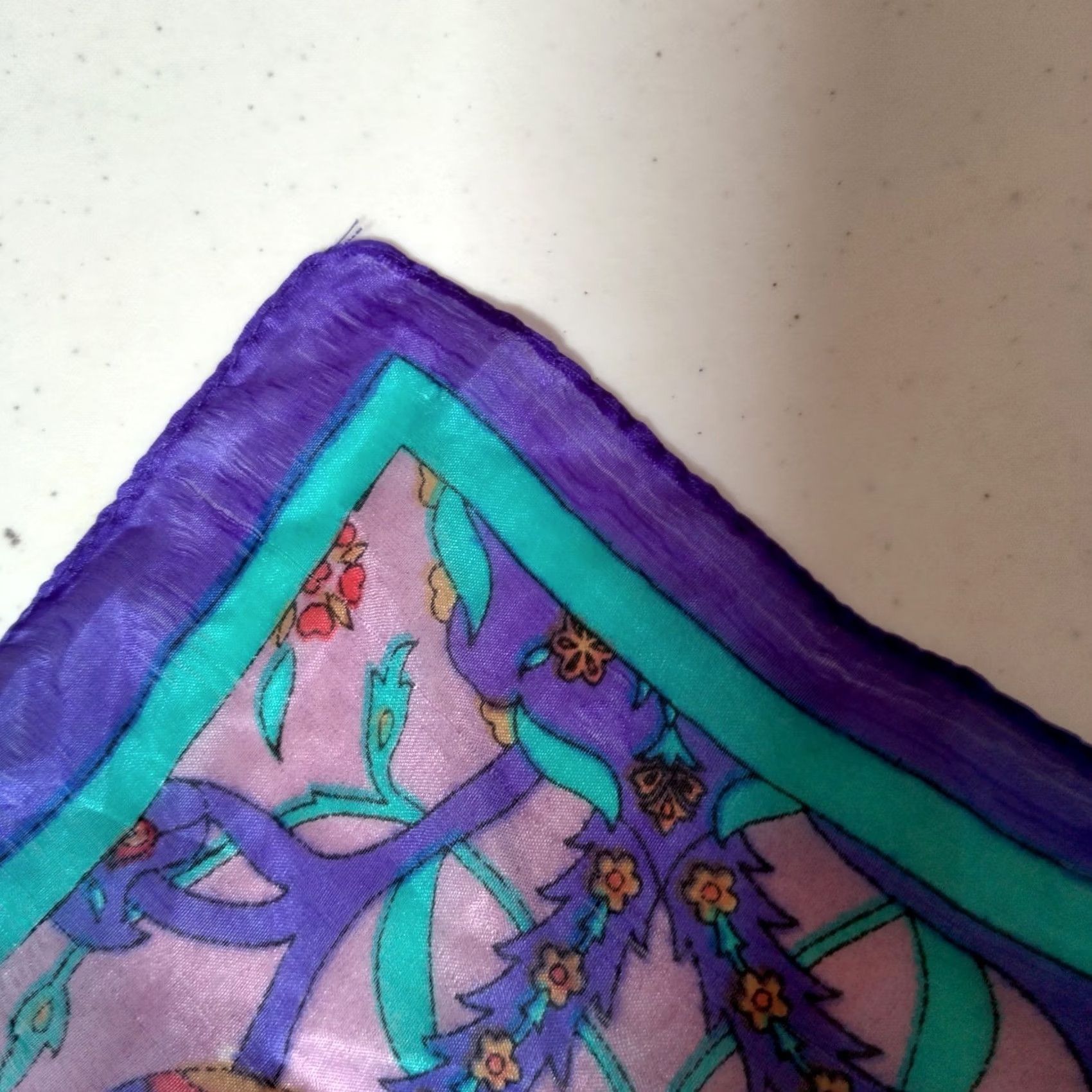 Vintage VINTAGE Scarf Purple Blue Gold Floral Medallion Rectangle Distressed Silk 18.5x67" READ Womens Size ONE SIZE - 3 Thumbnail