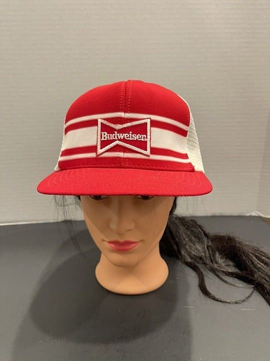 image of Vintage Budweiser Beer Patch Trucker Hat Red White Snapback, Men's