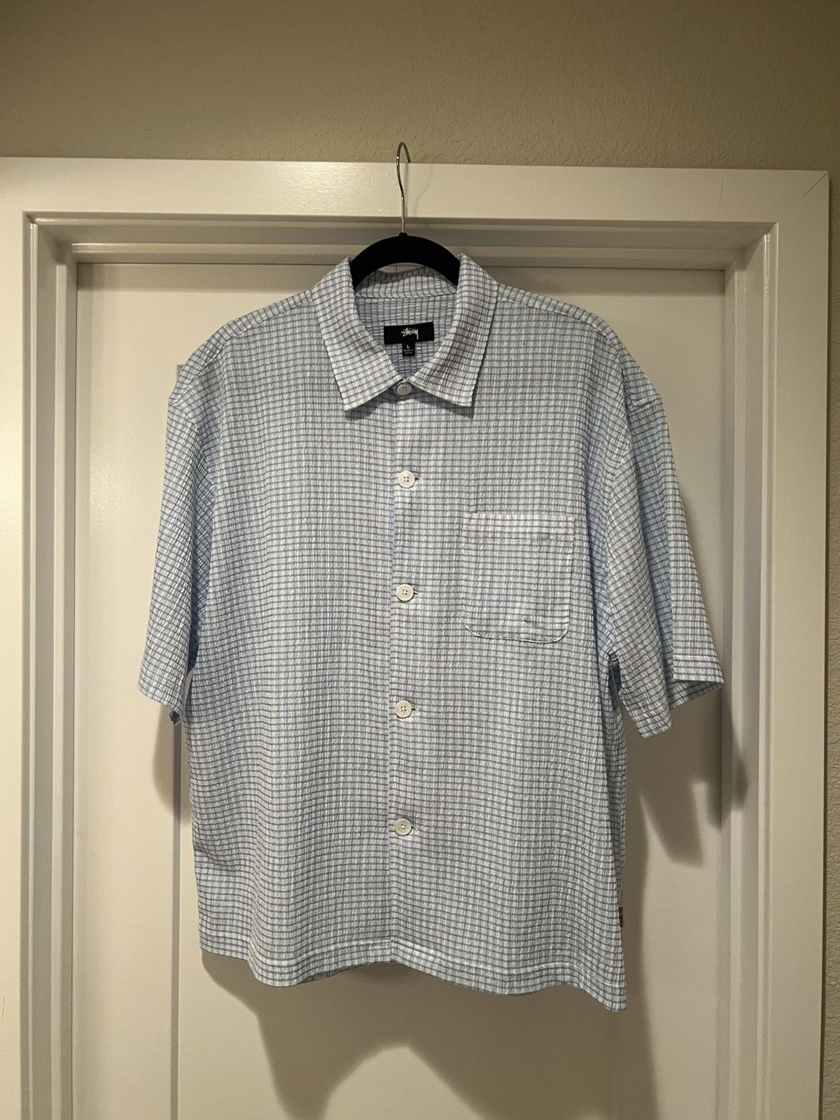 Streetwear × Stussy Stussy Boxy Flat Hem Crinkled Shirt 'Blue