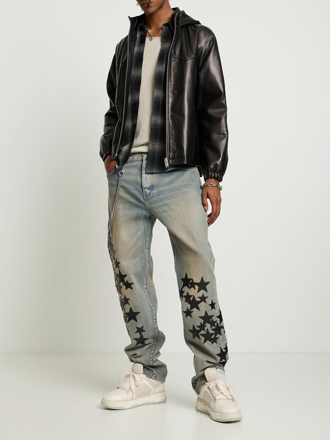 o1mle1224 Leather Star Straight Jean in Light Blue