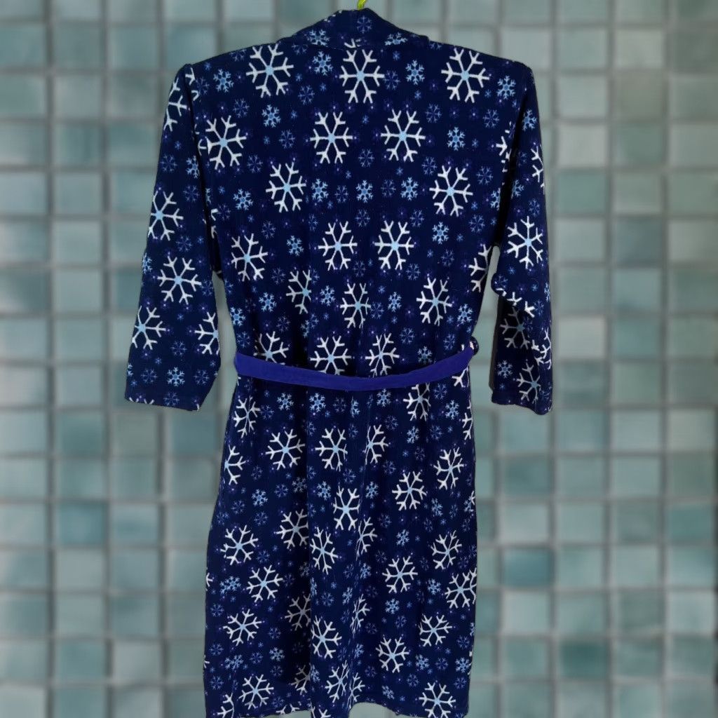 Vintage VTG Goodnight Snowflake Print Fleece Robe Belted Collared Long Blue Womens SZ L Size ONE SIZE - 1 Thumbnail