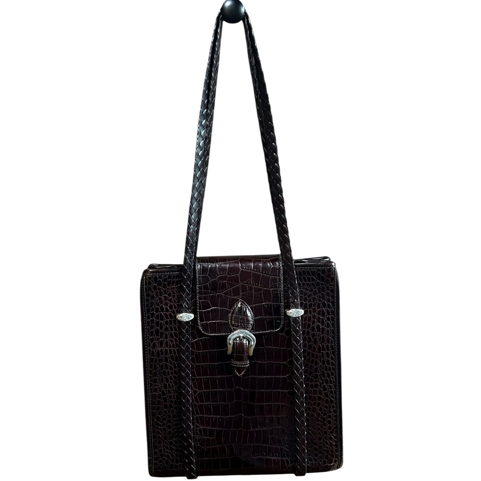 Brighton Brighton Shoulder Bag Womens Brown Leather Croc Embossed Trim 90s Designer Purse Size ONE SIZE - 2 Thumbnail