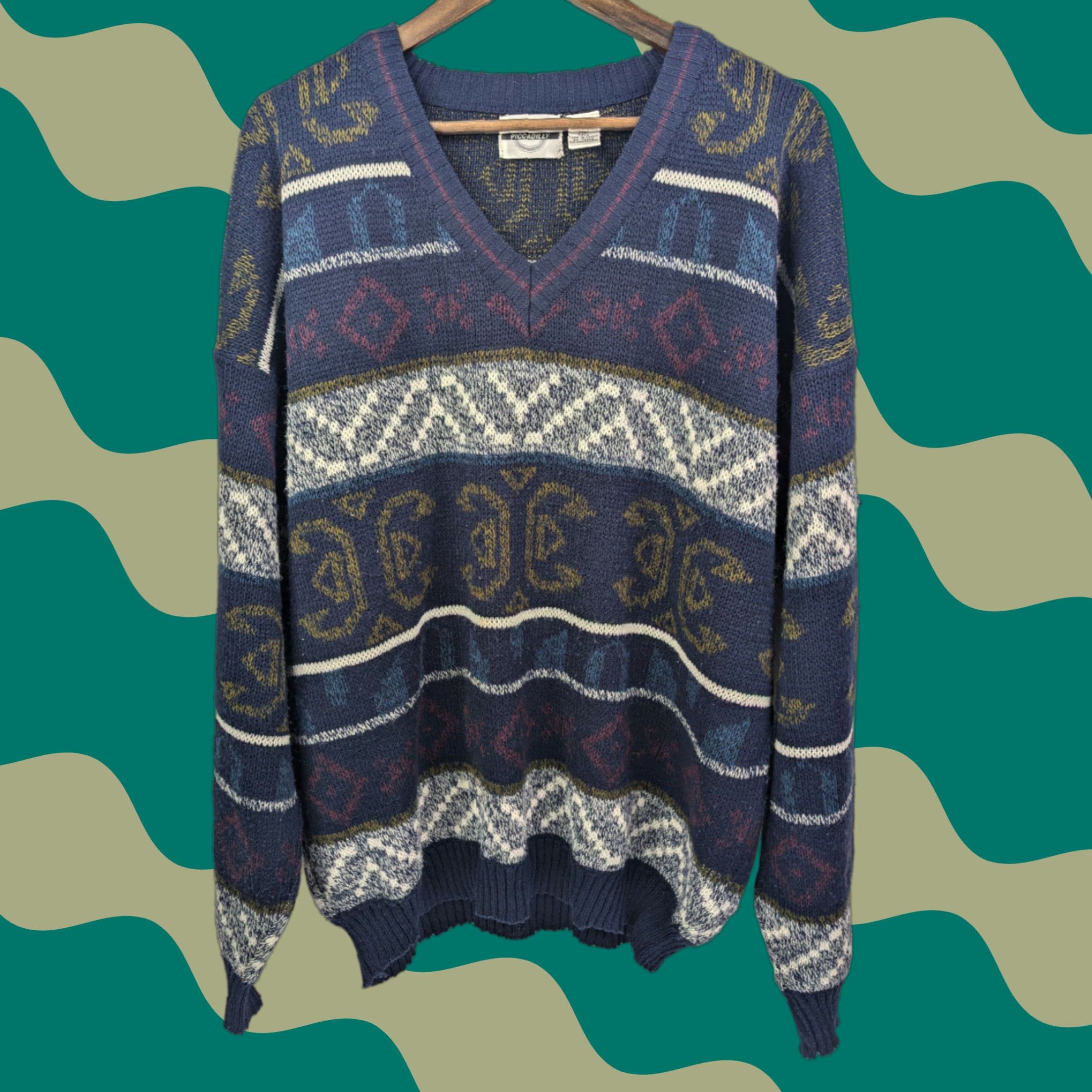 Vintage VINTAGE Piccadilly Mens XLT Navy Geometric Crew Neck Sweater 80s Big & Tall Pullover Knit Acrylic Size US XL / EU 56 / 4 - 1 Thumbnail