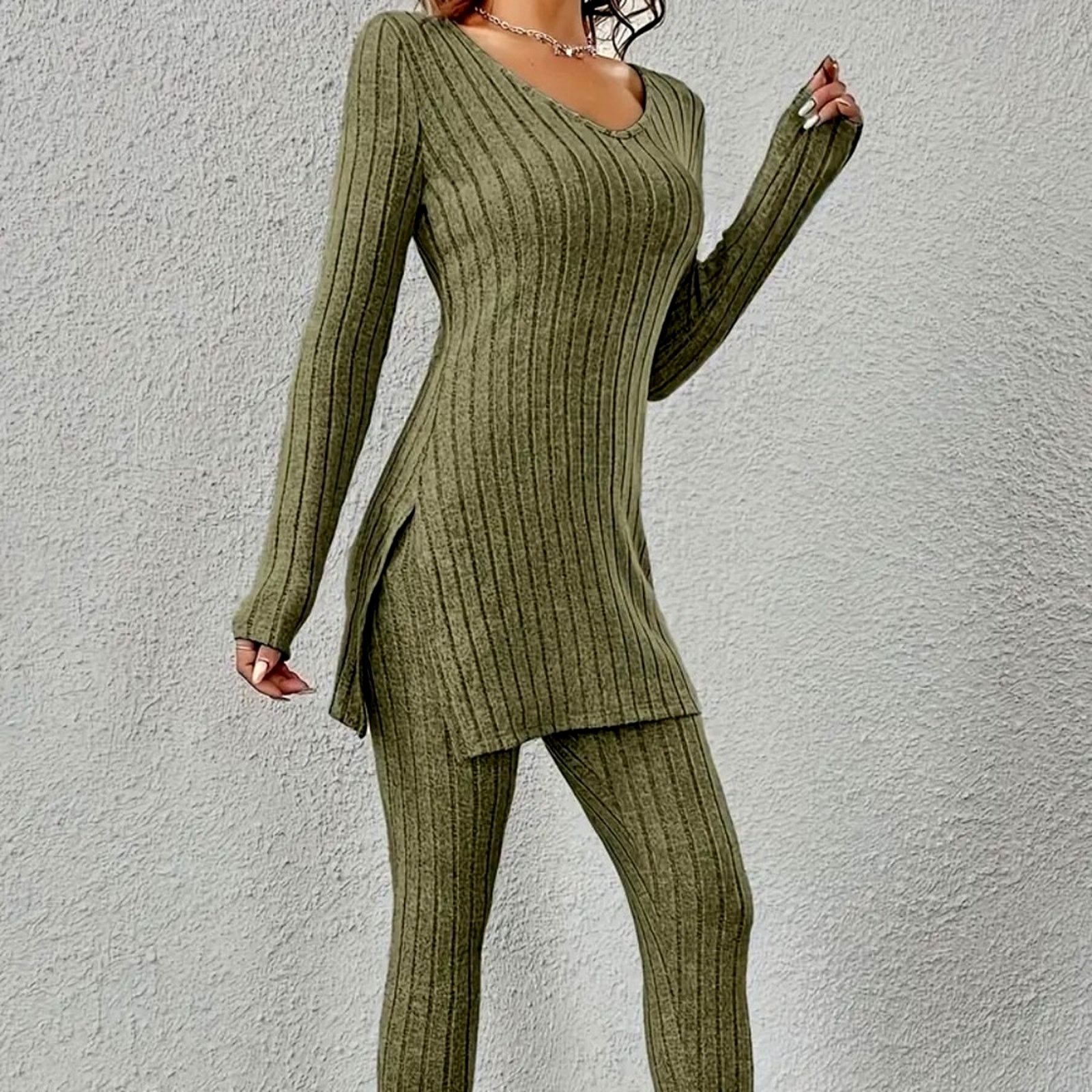 Other Casual Ribbed Knit Two-piece Set - Army Green - size M Size 29" - 2 Thumbnail