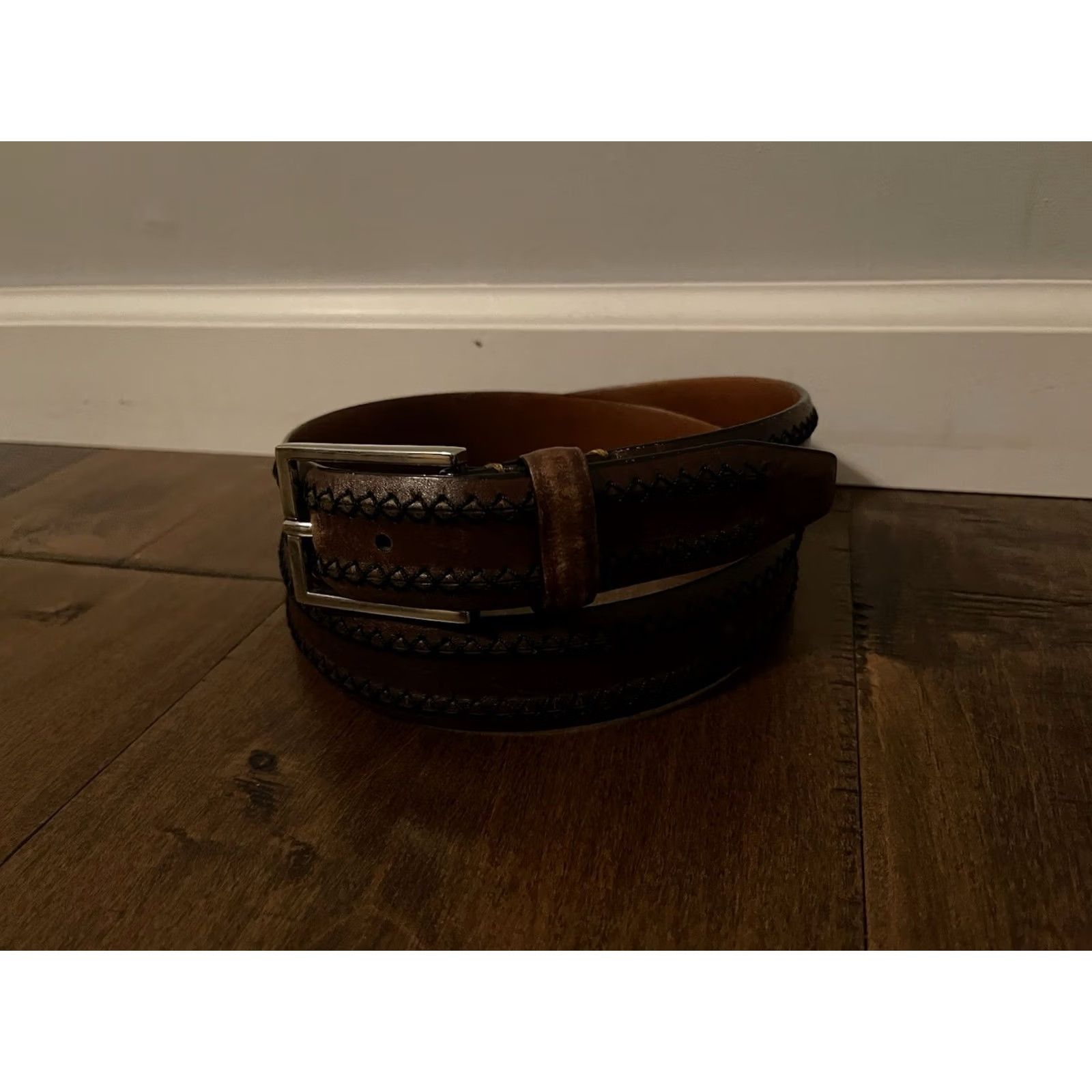 Johnston & Murphy Johnston & Murphy Belt Mens 40 Brown Genuine Italian Calfskin Leather Stitched Men Size 40 - 3 Thumbnail