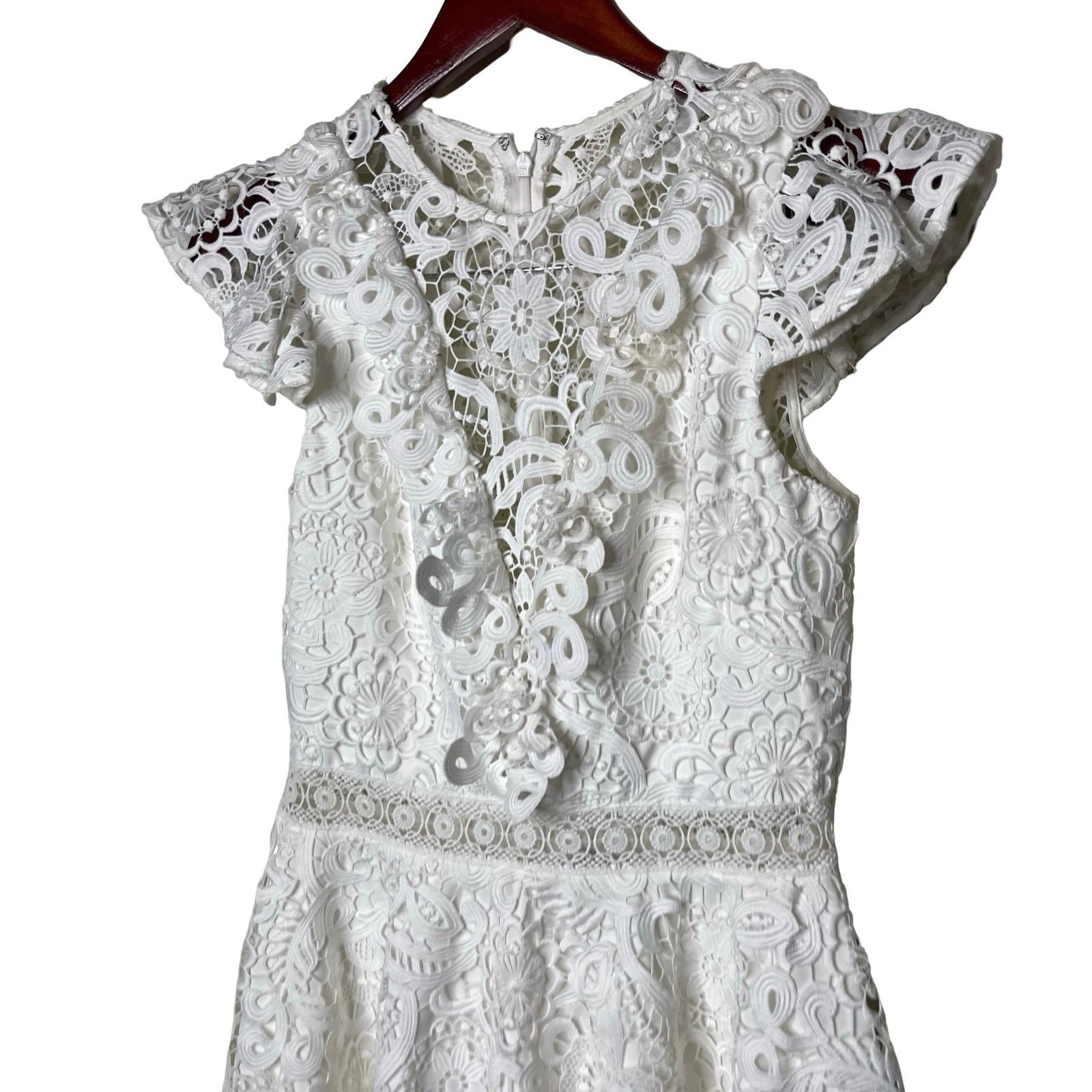 Amur AMUR Crochet Lace Flutter Sleeve Mini Dress White Womens 6 Size M / US 6-8 / IT 42-44 - 3 Thumbnail