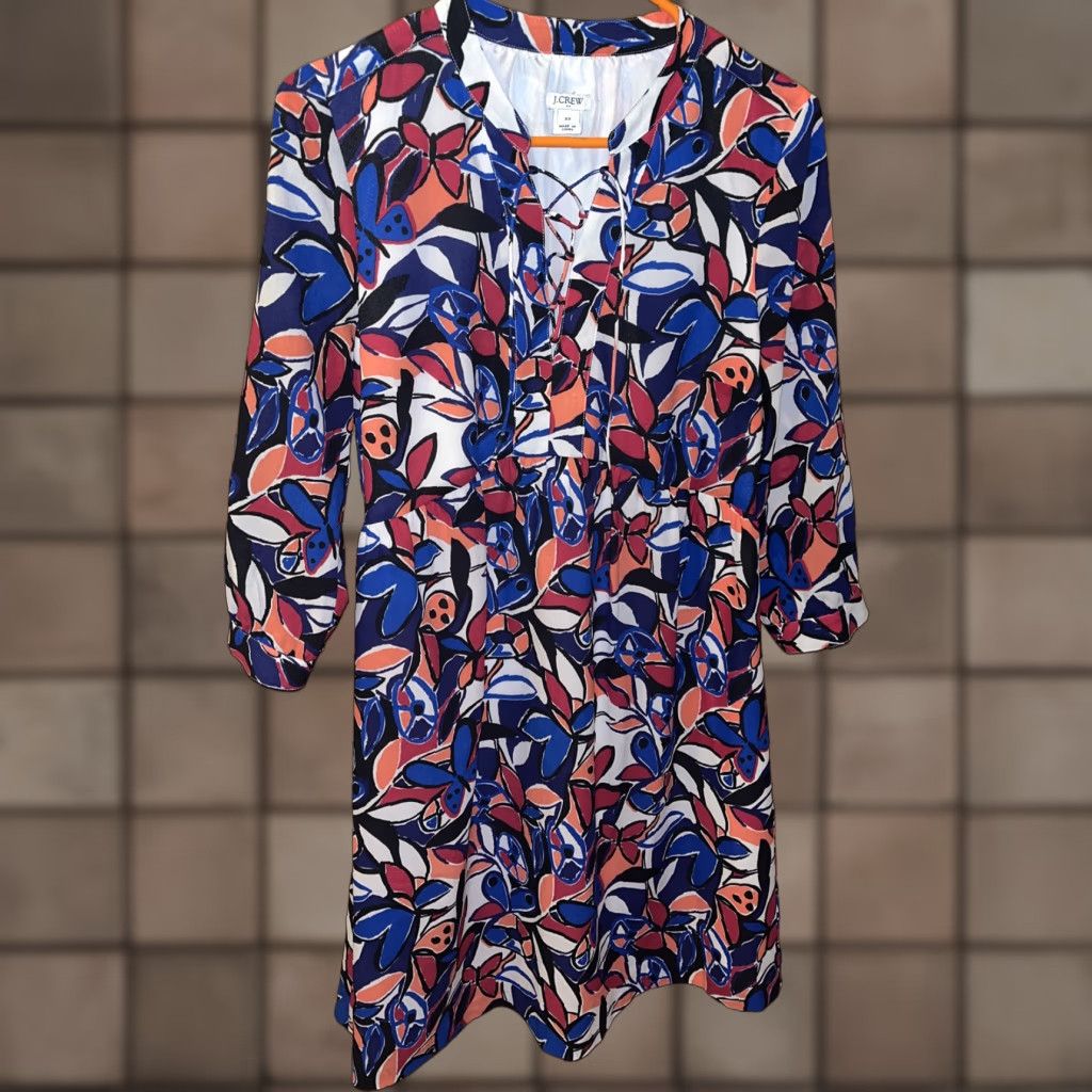 J.Crew J.CREW Womens 3/4 Sleeve Floral Blue Pink Printed Lace Up Dress Size XS A-Line Summer Casual Multicolor Polyester Short Size XS / US 0-2 / IT 36-38 - 1 Thumbnail