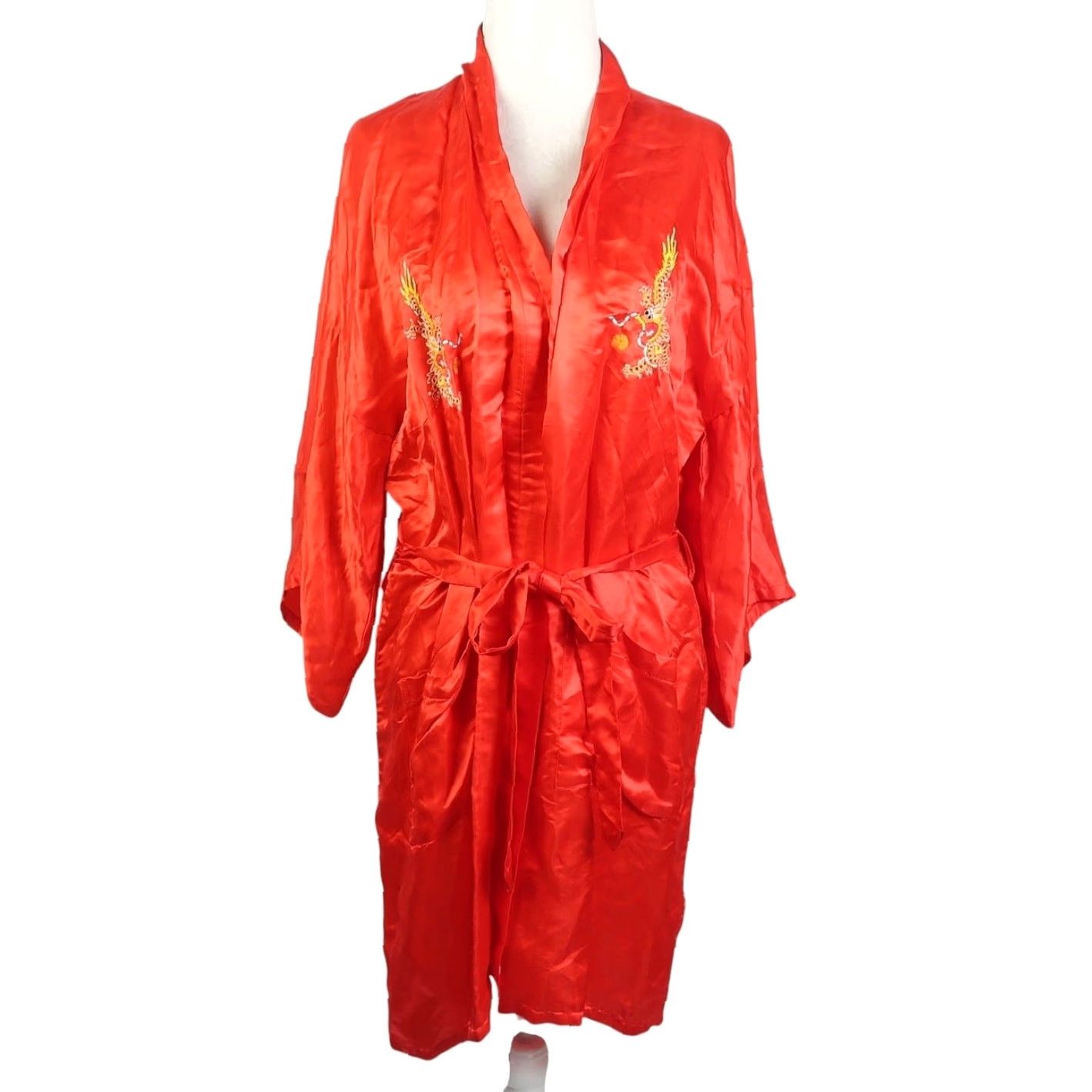 Vintage VINTAGE Golden Dragon Red Silk Dragon Embroidered Robe M Women Satin Silk Embroidered Robe Middle East Spring Summer Size ONE SIZE - 2 Thumbnail