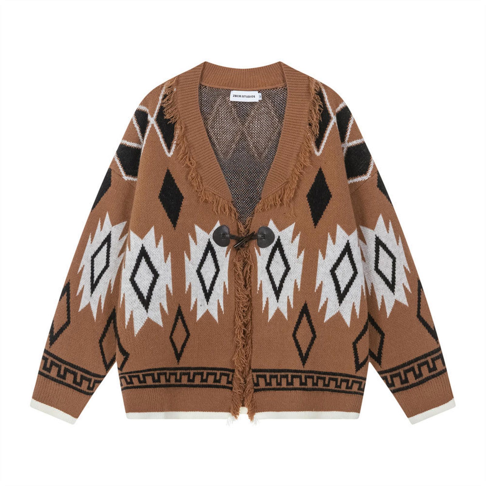 Vintage Gray Blue Geometric Patterned Fringe Cardigan Sweater Size US M / EU 48-50 / 2 - 5 Thumbnail