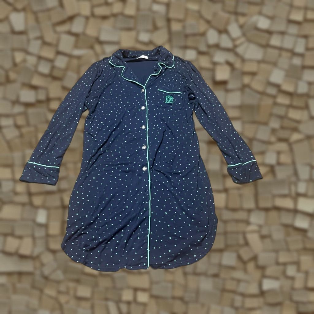 Vintage Nora Twips Dress Women's Gown Night Blue Green Stars Button Up Large Night Gown Womens L Blue Stars Size L / US 10 / IT 46 - 1 Thumbnail
