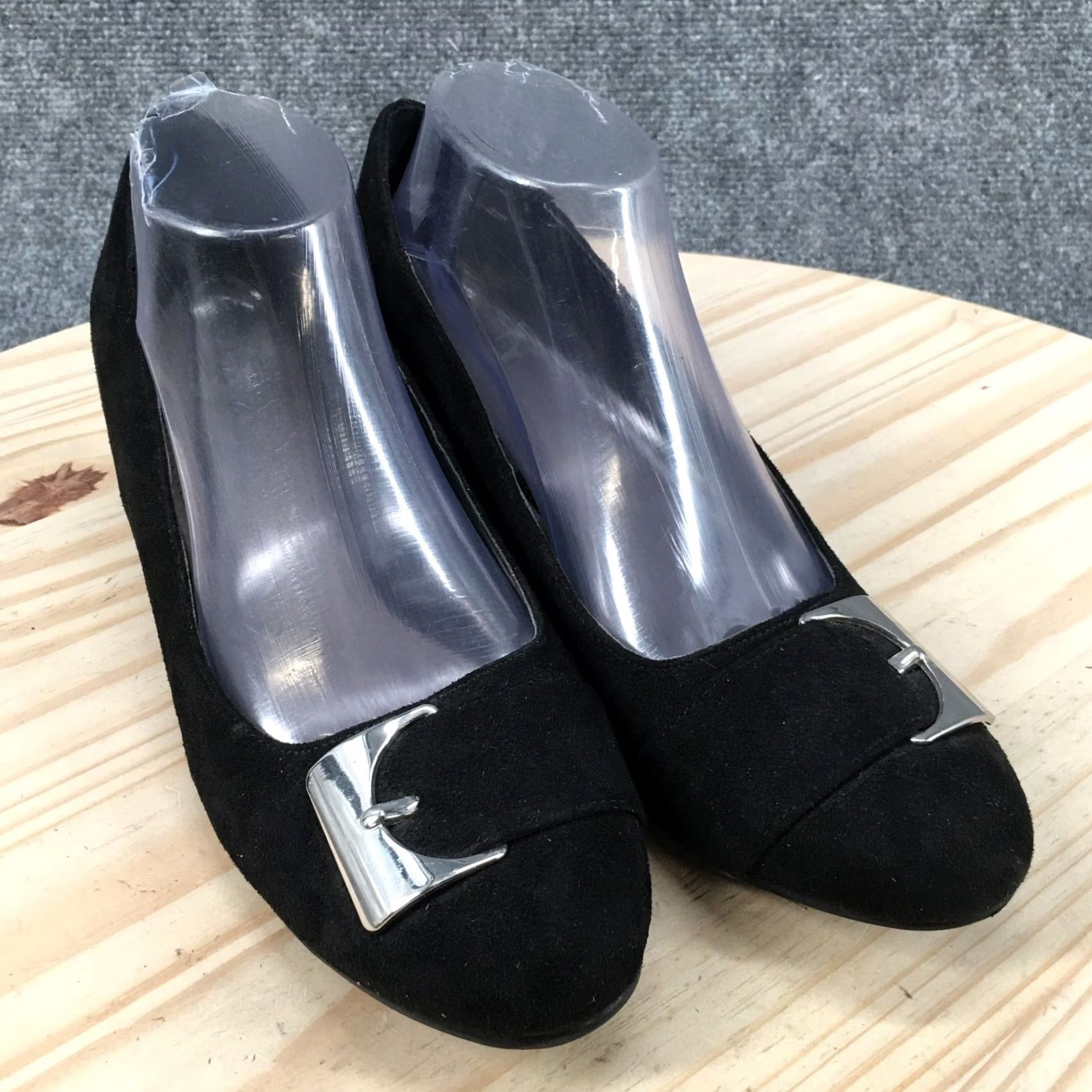 Vintage Impo Heels Womens 9.5 M Wedge Pumps Casual Comfort Black Fabric Slip On Buckle Shoes Size US 10 / IT 40 - 3 Thumbnail