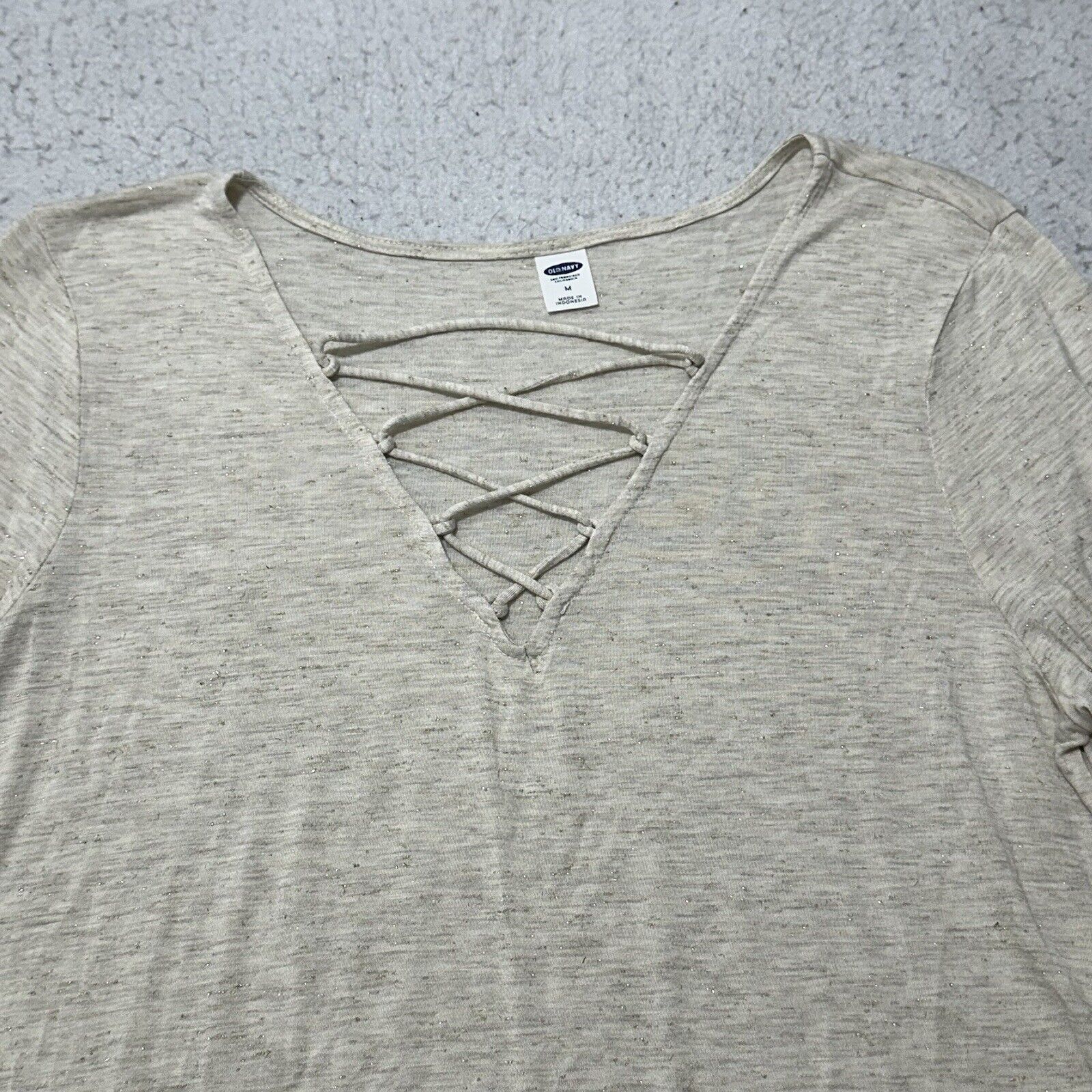 Old Navy Old Navy Medium Relaxed Lace-Up-Yoke Sparkle-Knit Top Beige Size M / US 6-8 / IT 42-44 - 2 Thumbnail