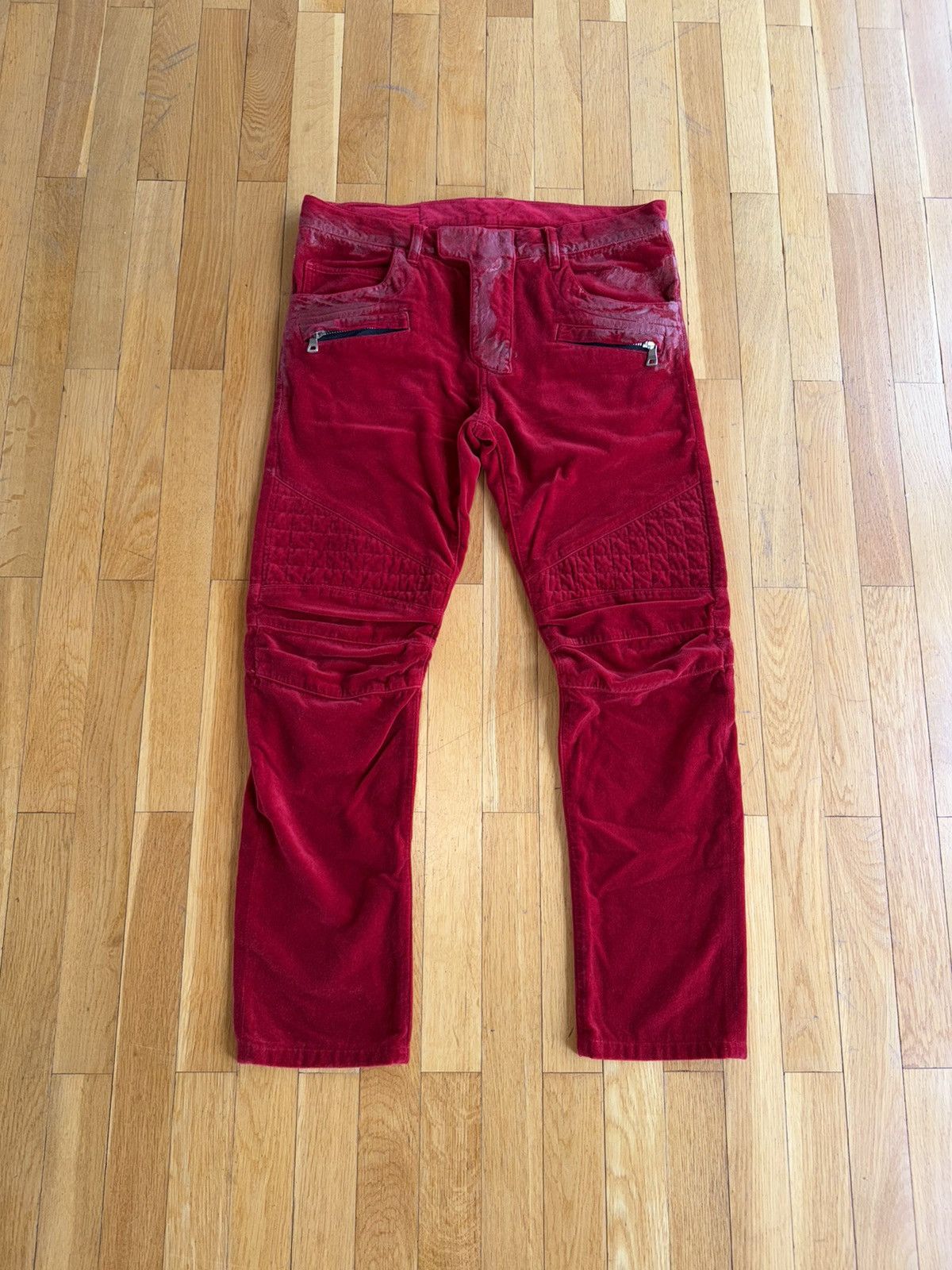 Balmain Balmain AW12 Decarnin Red Gridded Waxed Velours Biker Jeans Size US 30 / EU 46 - 1 Thumbnail