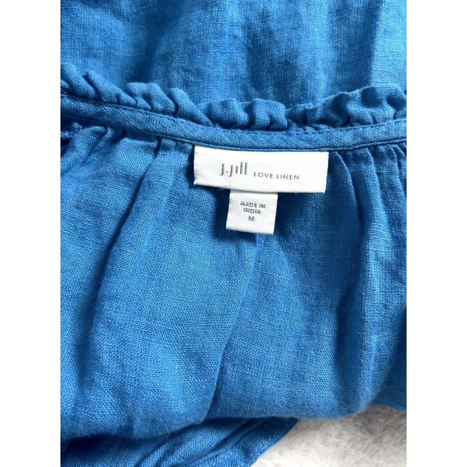 J. Jill J. Jill Love Linen Womens V-Neck Ruffle Trim 3/4 Sleeve Top Blouse Medium Blue Size M / US 6-8 / IT 42-44 - 3 Thumbnail