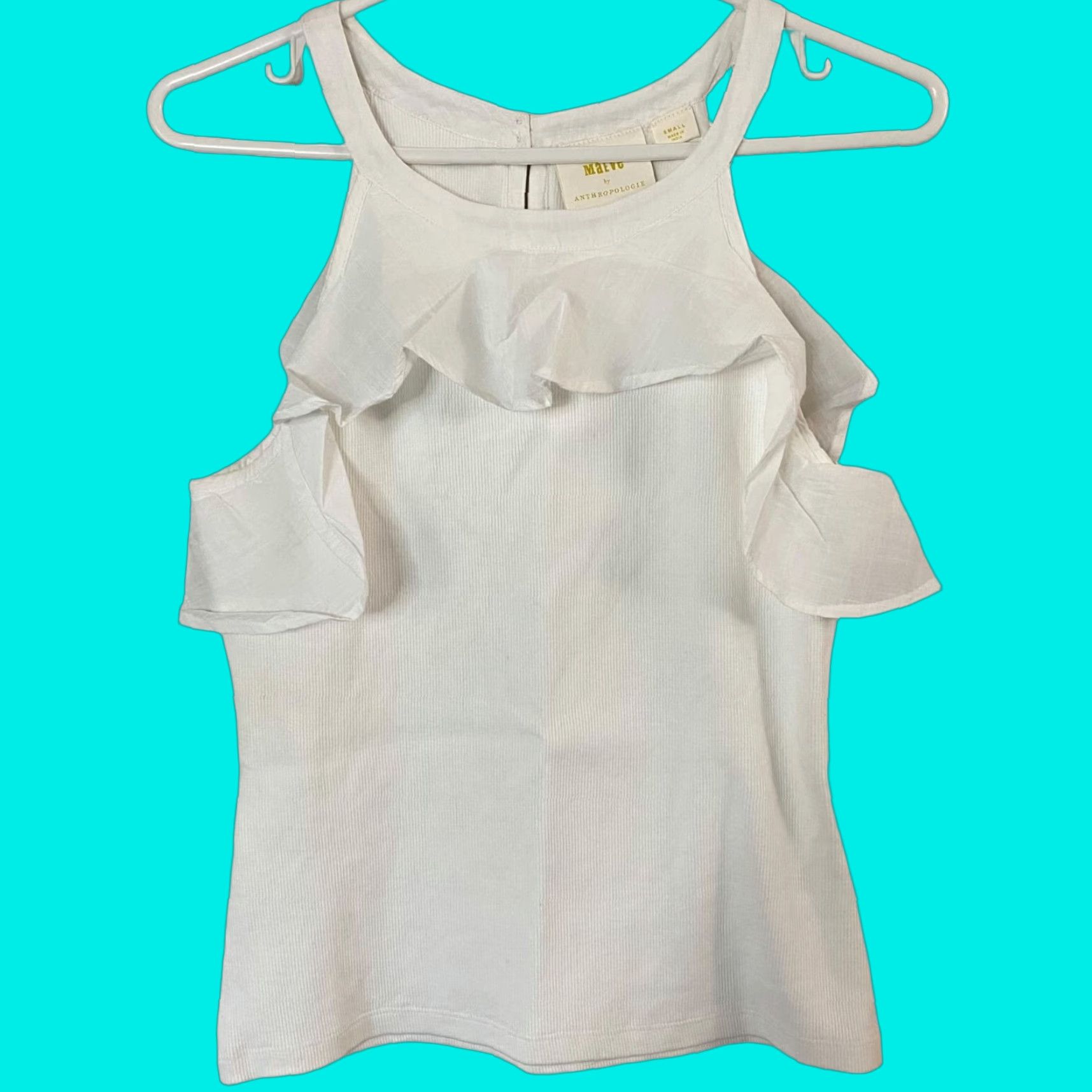 Anthropologie VINTAGE Maeve Anthropologie Women's Tank Top Sleeveless Ruffle Halter Cotton Blend Small White Blouse Size S / US 4 / IT 40 - 1 Thumbnail