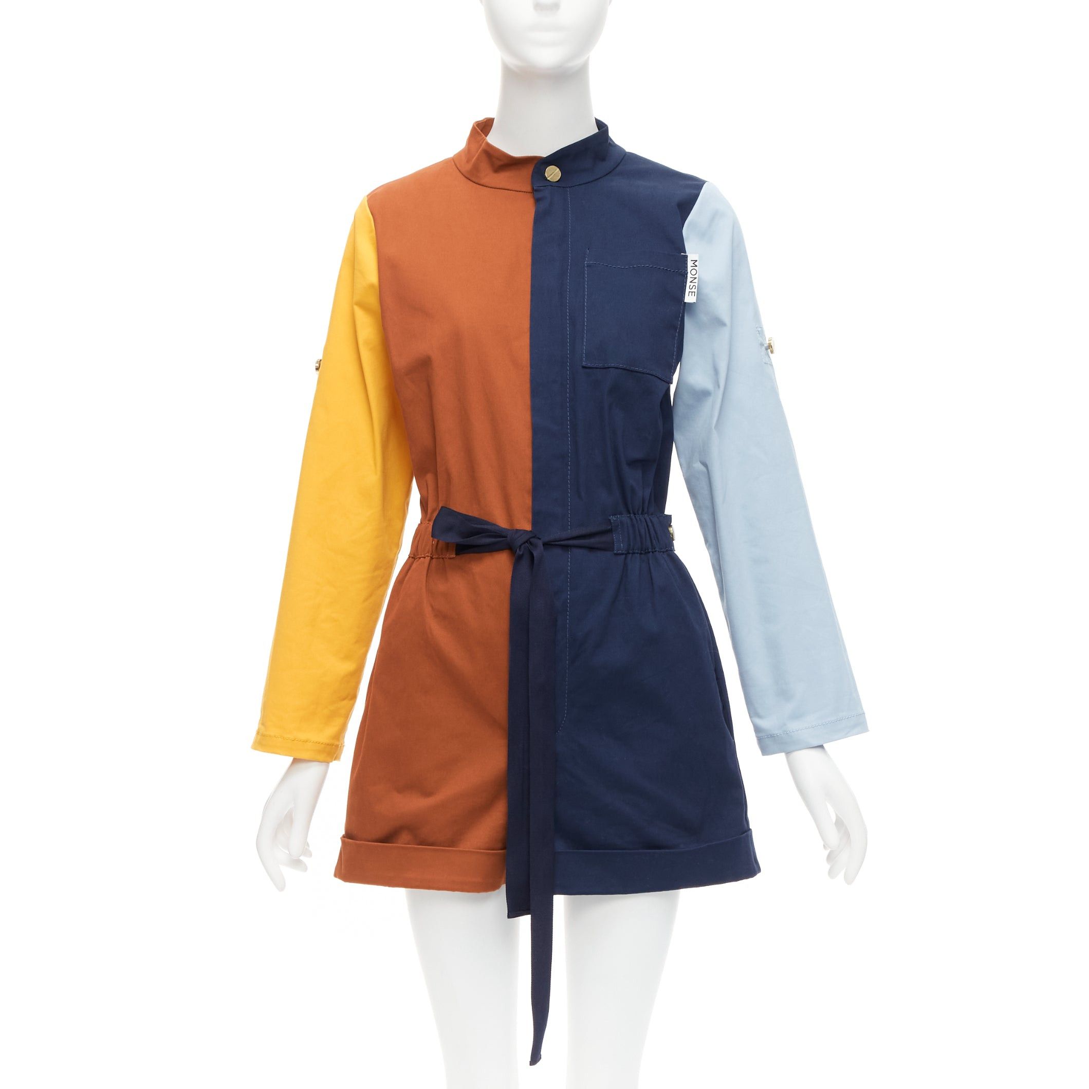 image of Monse Brown Yellow Navy Colorblocked Belted Long Sleeve Romper Us0 Xs, Women's (Size 26)