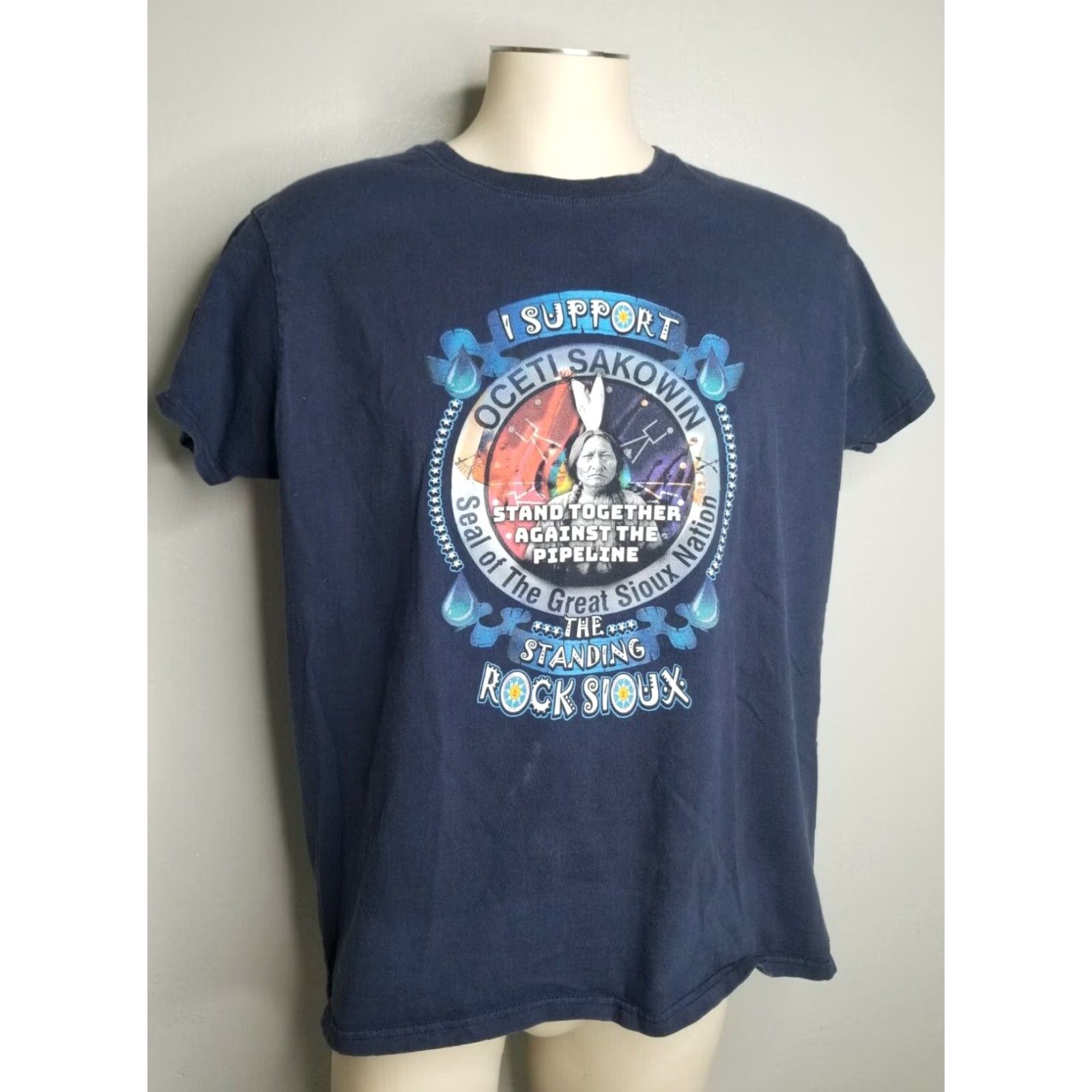 Native Womens XL T Shirt Sioux Standing Rock Native Protest Dakota Pipeline Distressed Blue Crew Neck Short Sleeve Size XL / US 12-14 / IT 48-50 - 2 Thumbnail