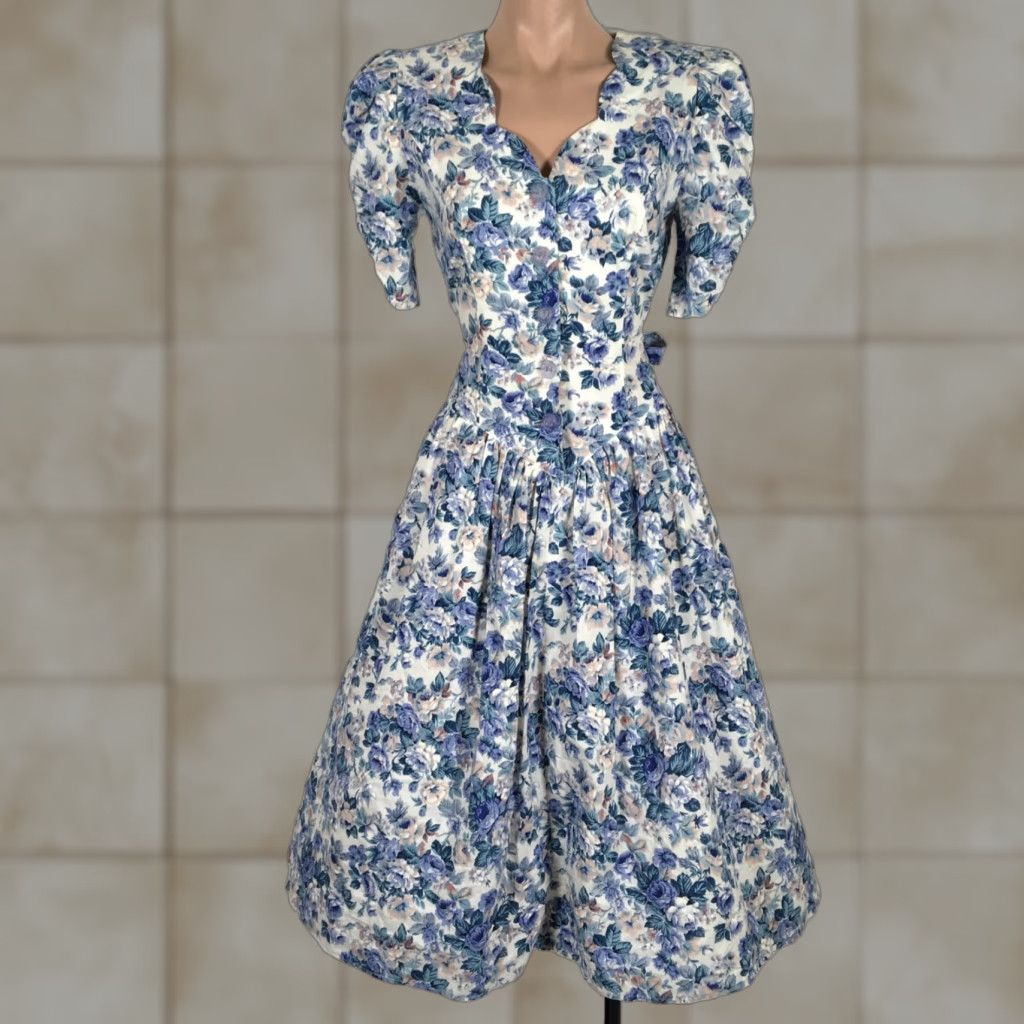 VINTAGE CK Editions Dress Cottagecore Puff Sleeve Midi 5 Blue Pink Rose Floral Shirt Woman