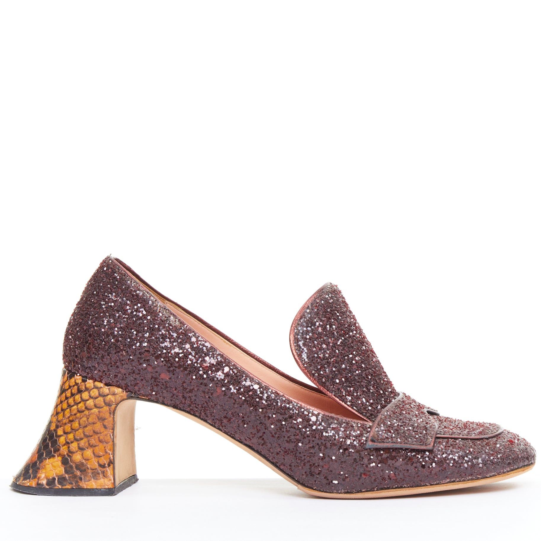 Rochas ROCHAS burgundy glitter brown scaled leather sculpted heel loafers EU36 Size US 6 / IT 36 - 1 Thumbnail