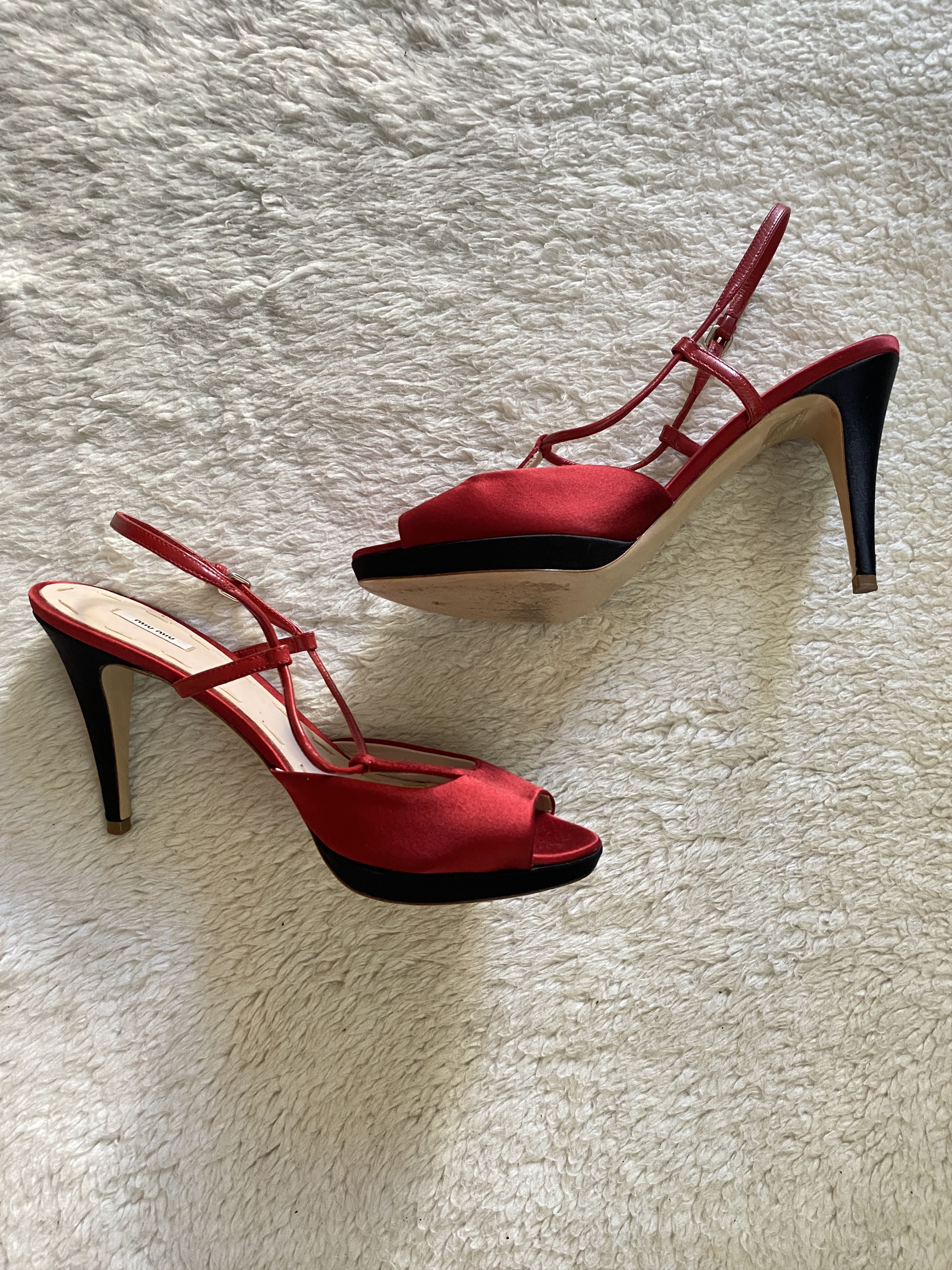 Miu Miu Miu Miu Silk Peep Toe Sandals – Red & Black Size US 10 / IT 40 - 17 Thumbnail