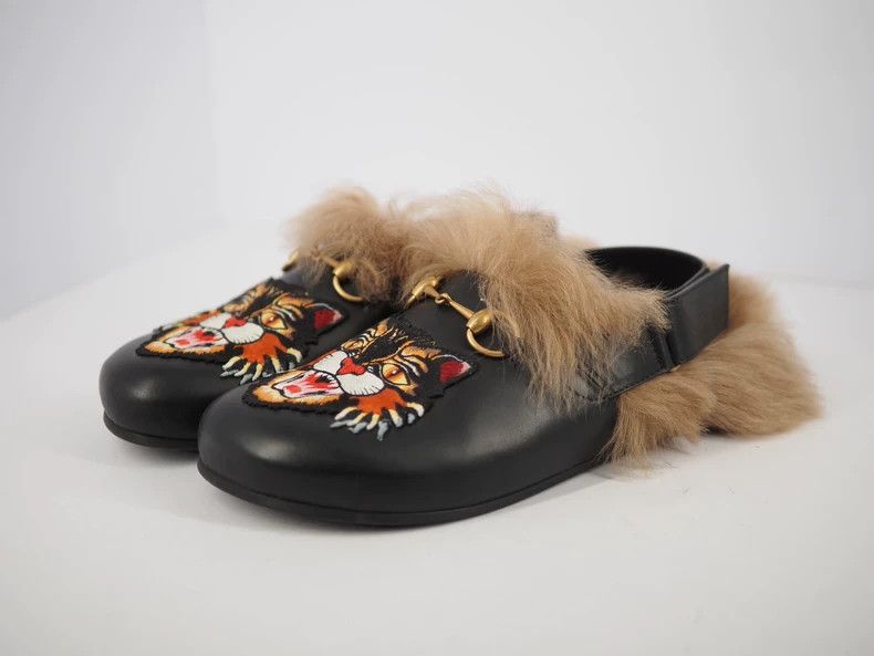 Gucci Gucci size os SS22 black tiger-head embroidered plush slipp Size US 6.5 / EU 39-40 - 1 Thumbnail