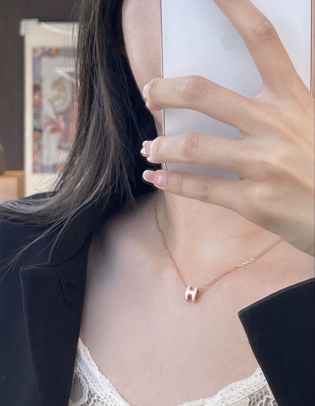 Hermes HERMES Mini Pop H Necklace Apricot Pink Rose Gold Tone Size ONE SIZE - 7 Thumbnail
