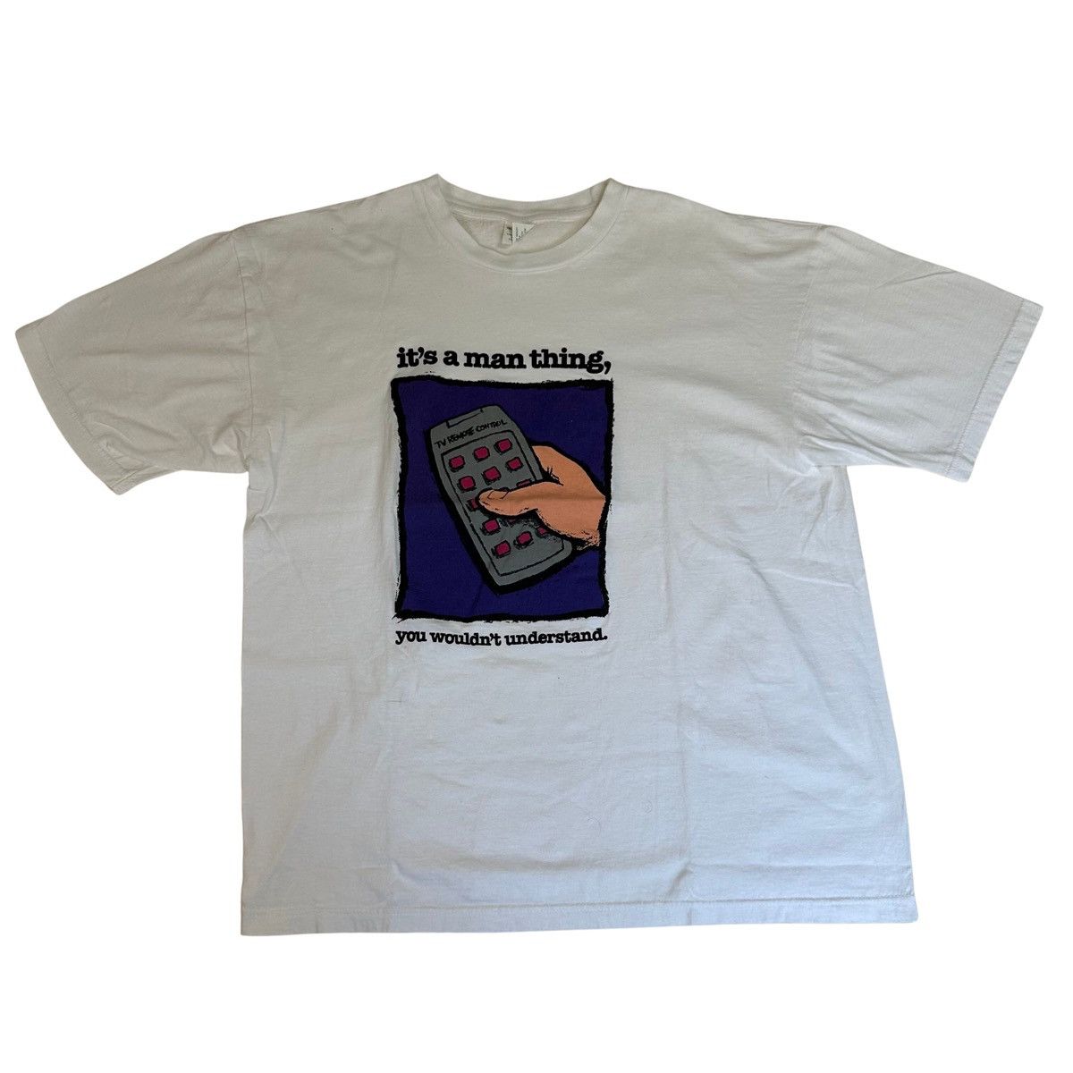 Vintage 1992 TV Remote “It’s a Man Thing” Comic Art Graphic T Shirt Size US XL / EU 56 / 4 - 1 Thumbnail