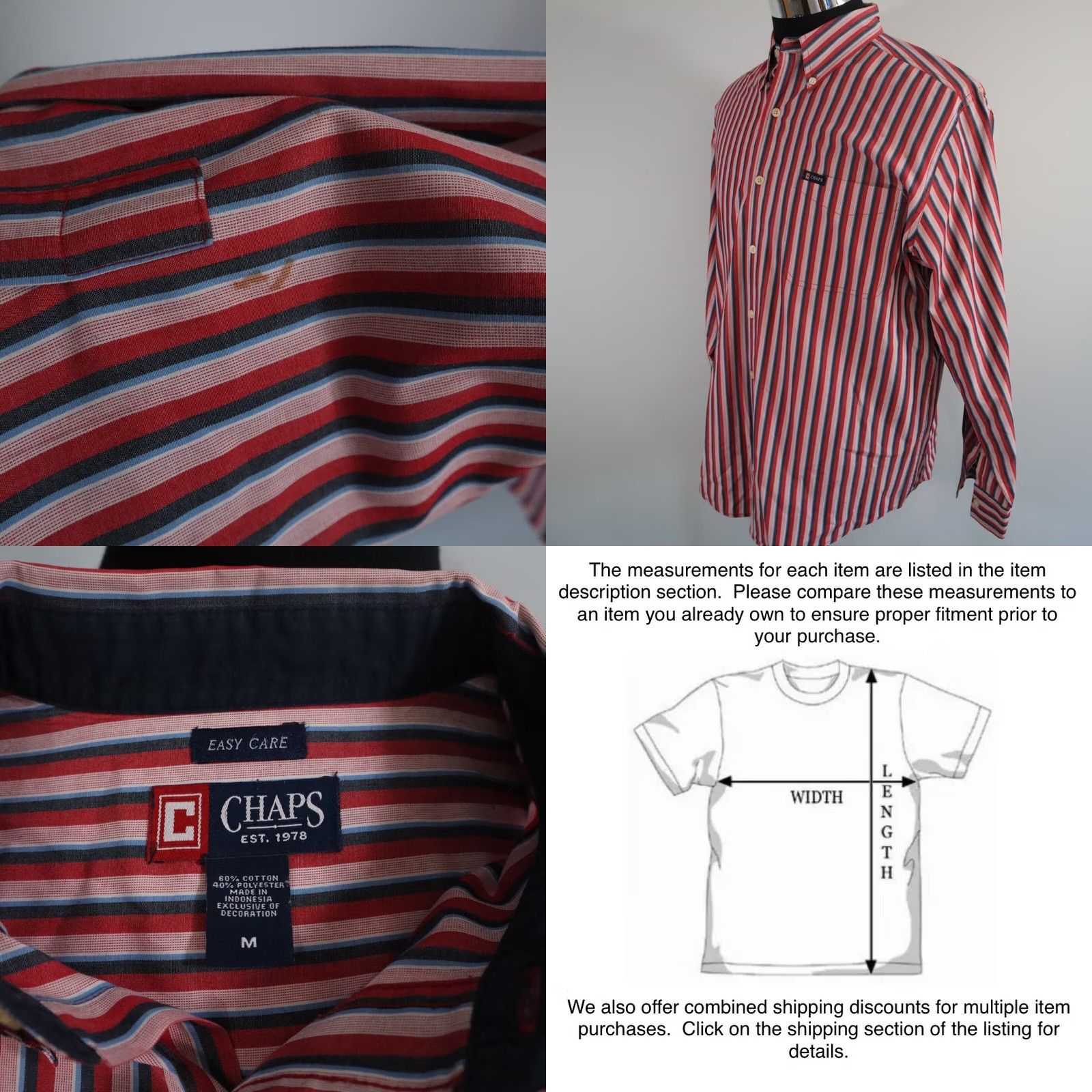Chaps Chaps Shirt Mens Medium Easy Care Casual Button Down Red Striped Long Sleeve Shirt Mens Regular Red Striped Button-Up Colar Down Size US M / EU 48-50 / 2 - 8 Thumbnail