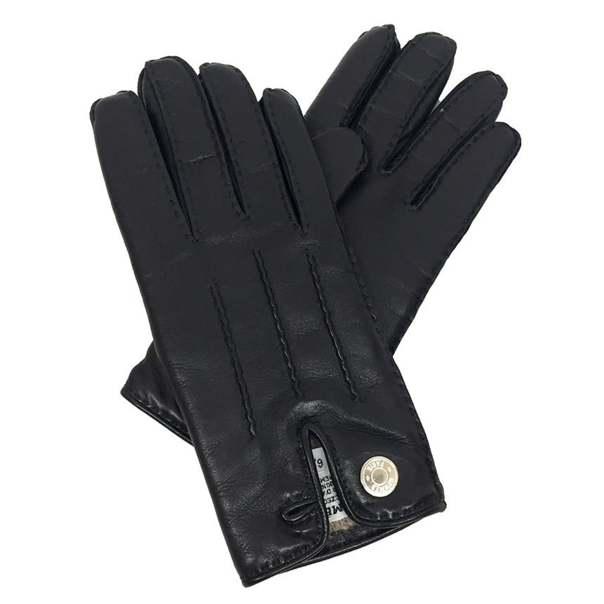 image of Hermes Lambskin Gloves 6.5 Black Nappa Leather Lining Cashmere Serie Ladies, Women's