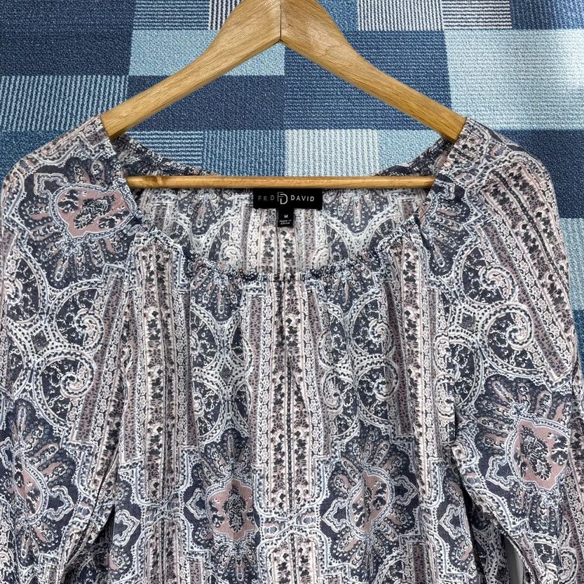 FRED Fred David Womens Blouse Paisley Medallion Bell Sleeve Multicolor M Bohemian Casual Lightweight Rayon Polyester Pullover Crew Neck Shirt Size M / US 6-8 / IT 42-44 - 1 Thumbnail