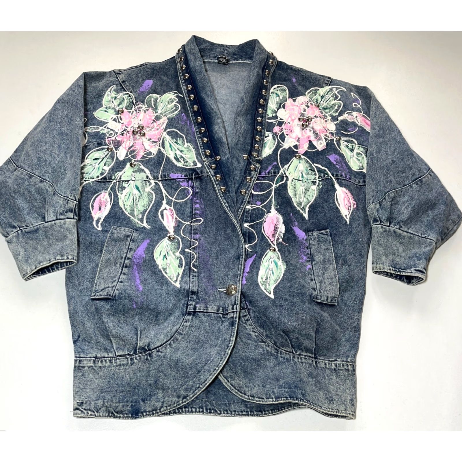 Denime VINTAGE Women's Denim Jacket Americana 80s Floral Blue Size L Jacket Womens 80s Americana Floral Denim Pockets Size L / US 10 / IT 46 - 4 Thumbnail