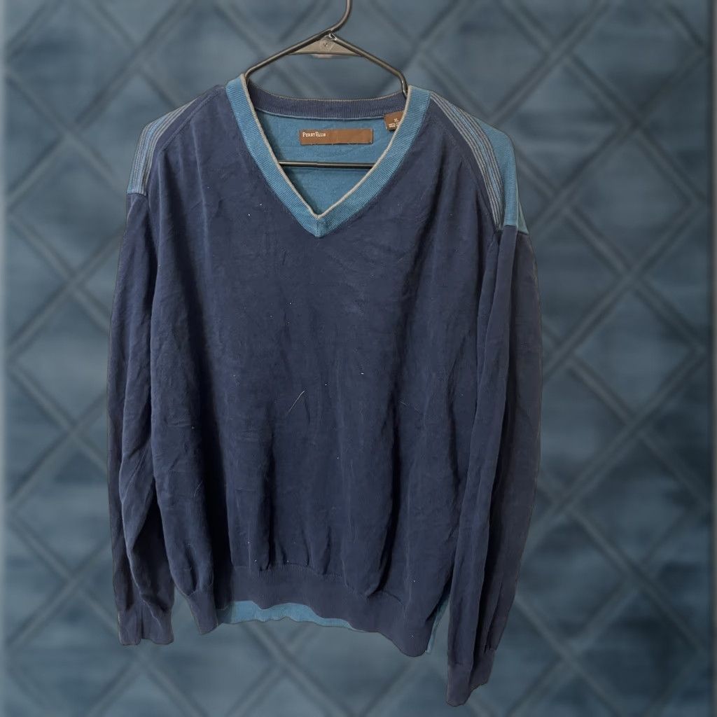 Perry Ellis VINTAGE Perry Ellis Sweater Pullover Men's XL Long Sleeve Blue V-Neck Knit Cotton Blend Modern Fashion Size US XL / EU 56 / 4 - 1 Thumbnail