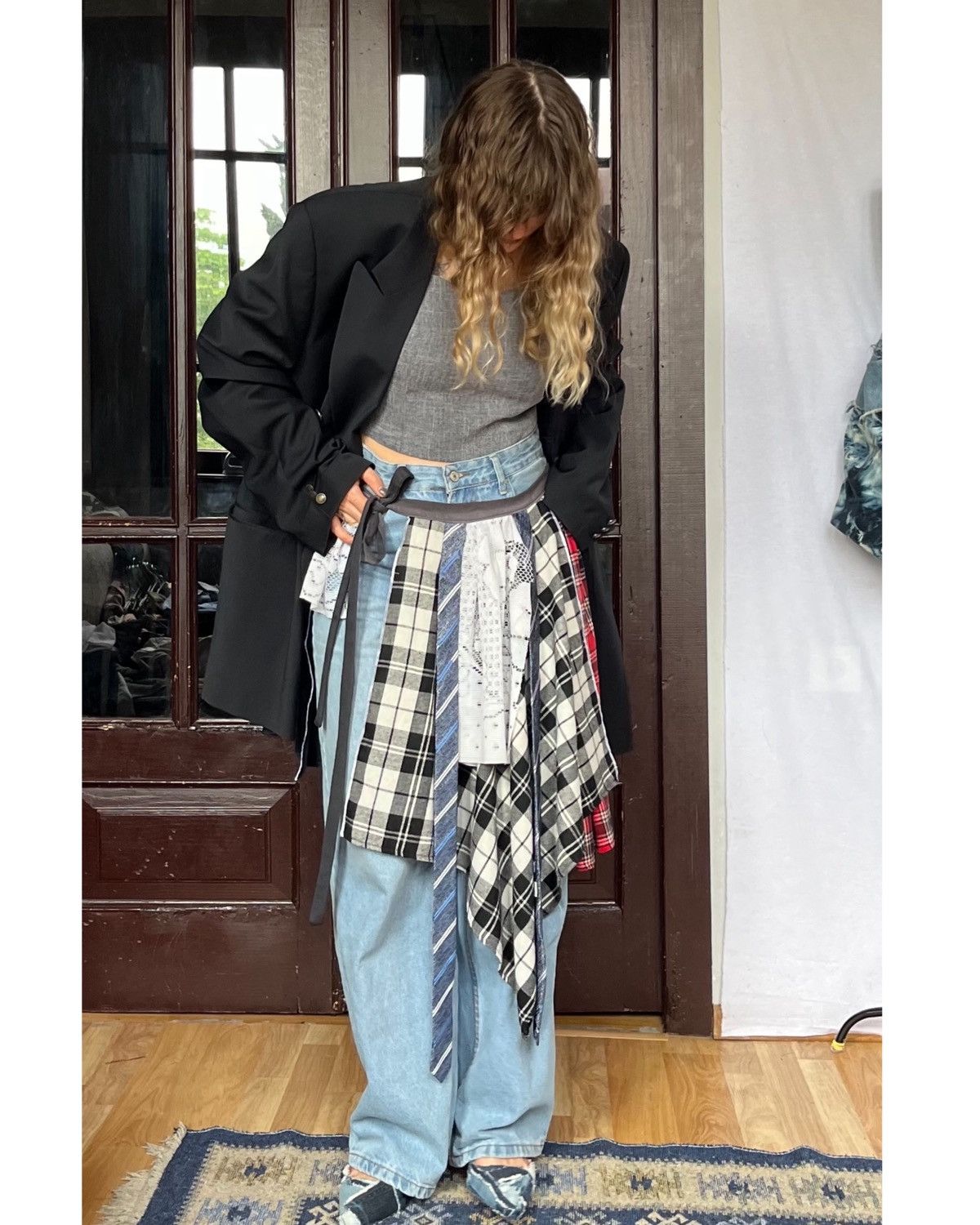 Custommade Upcycled Plaid & Lace Midi Belt Skirt / peplum belt Size 28" / US 6 / IT 42 - 5 Thumbnail
