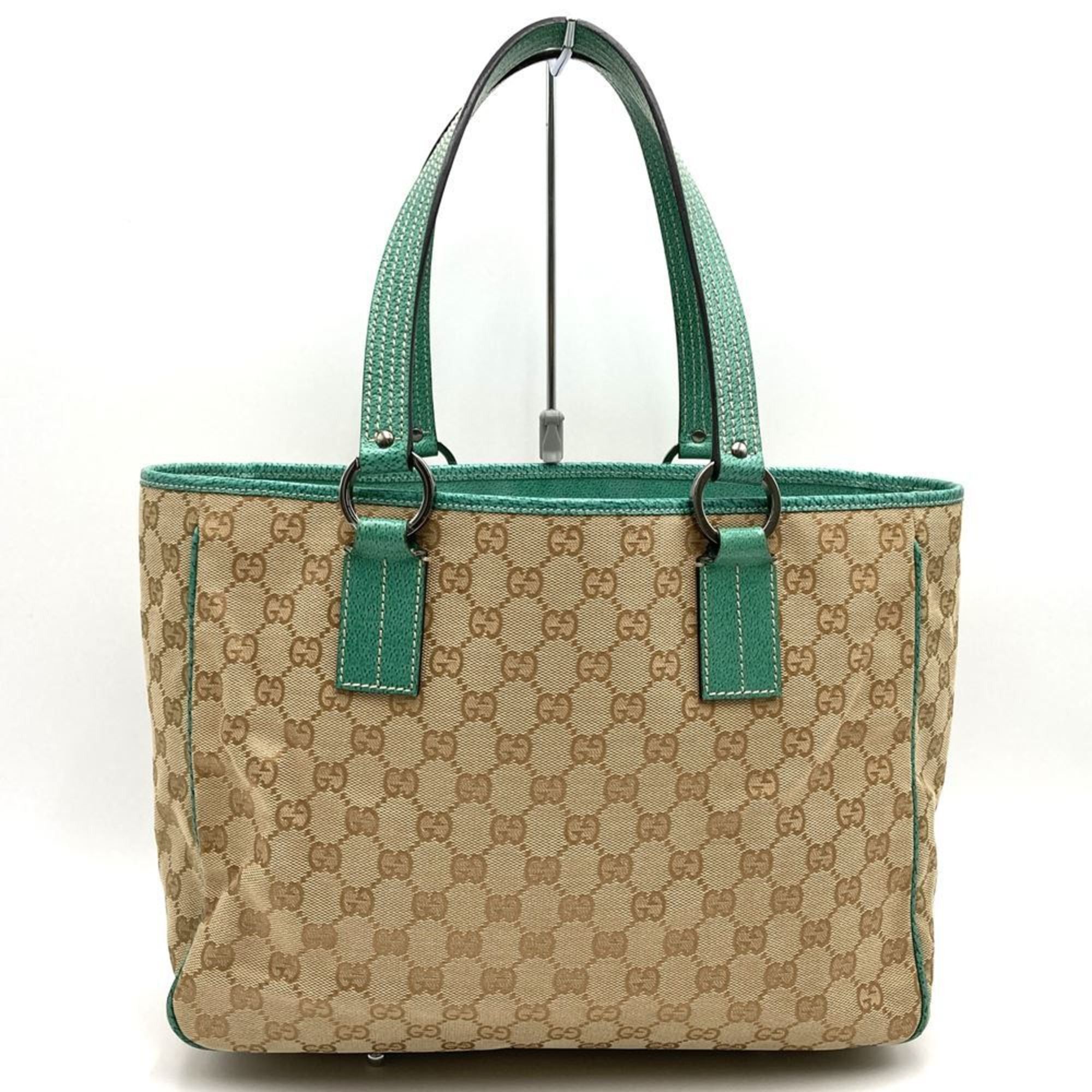 Gucci 113017 Tote Bag Shoulder GG Canvas/leather Beige Brown Green Women's