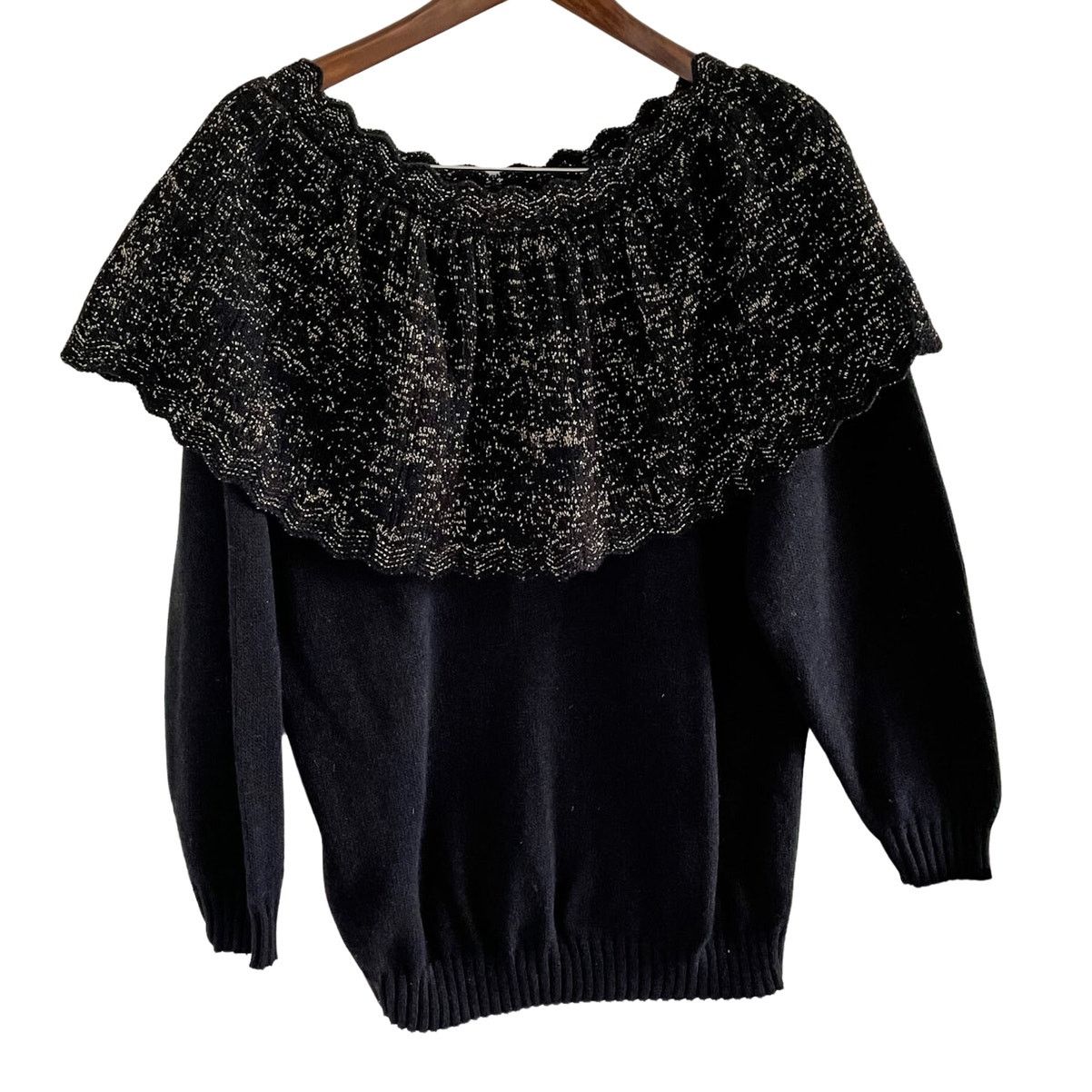 Vintage Vintage 80s ruffle neck gold metallic sparkle knit sweater L Size L / US 10 / IT 46 - 1 Thumbnail