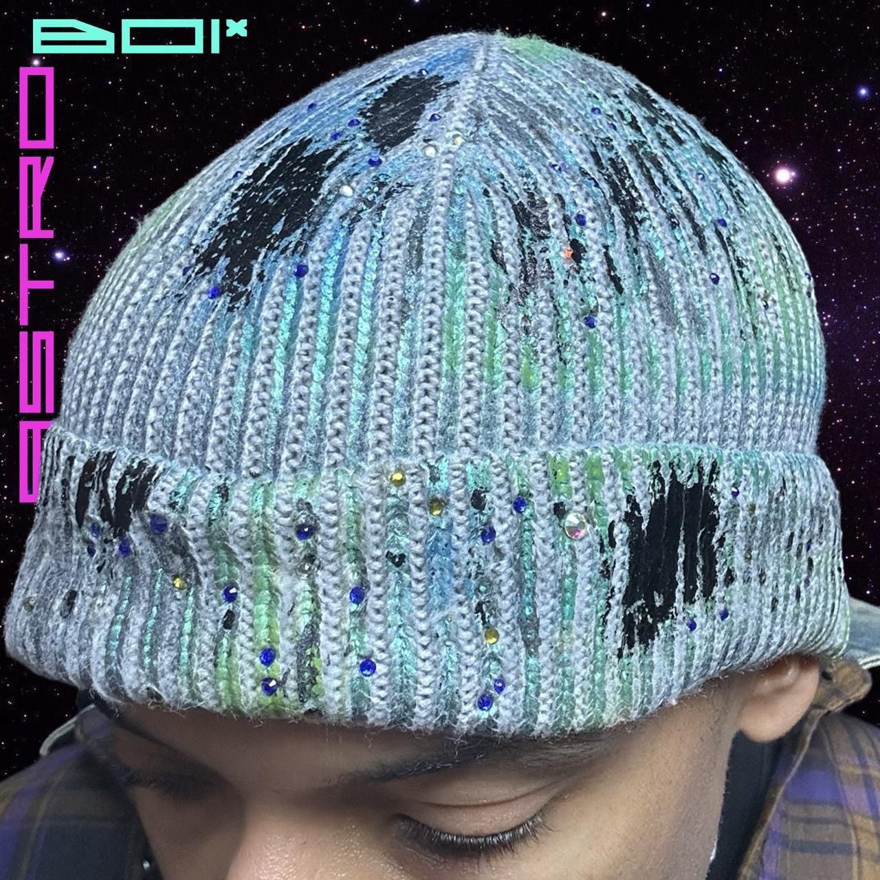 Other ASTROBOI* Deep Ocean Blue Green Iridescent Rhinestone Beanie Size ONE SIZE - 3 Thumbnail