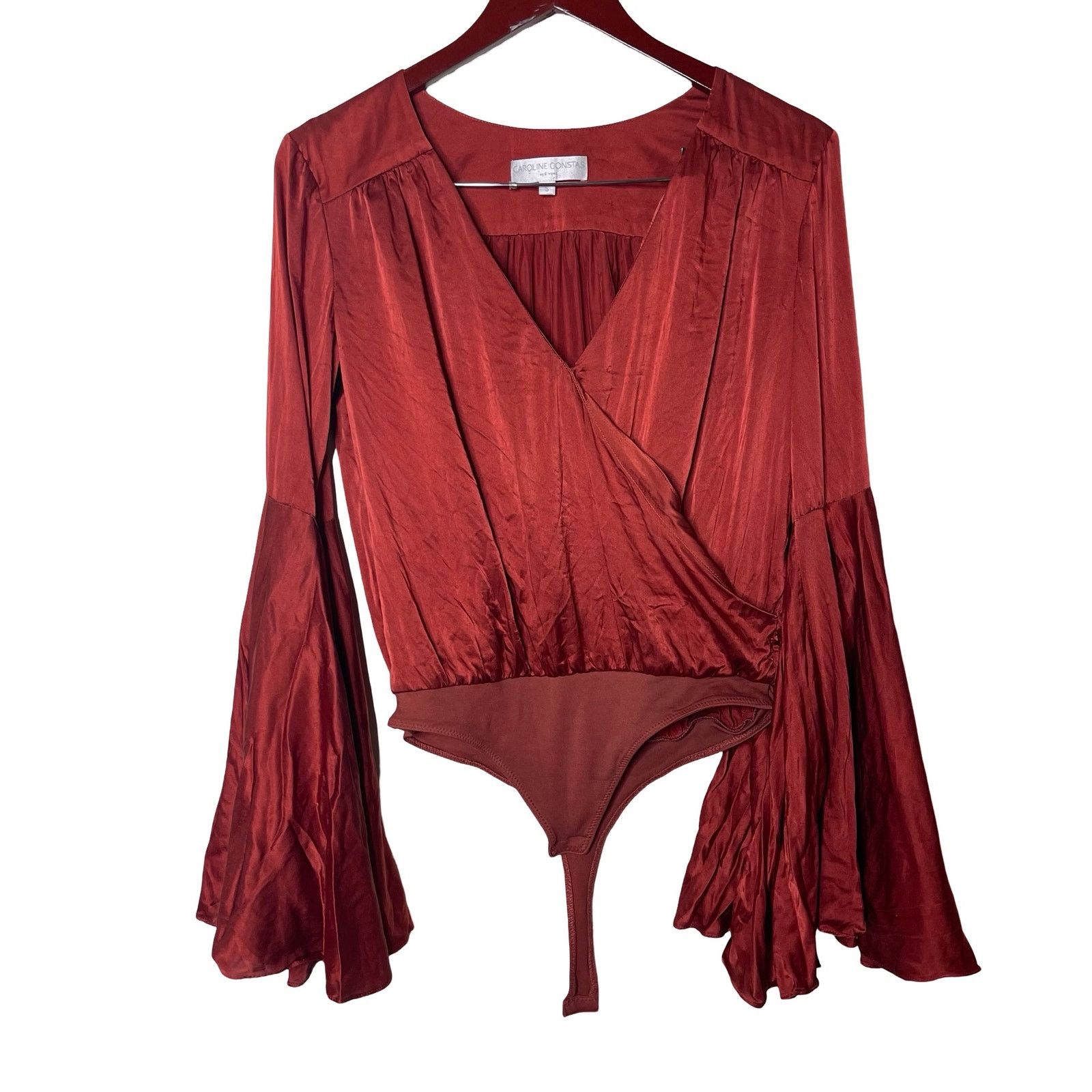 CAROLINE CONSTAS Caroline Constance extra bell sleeve silk V neck bodysuit Size S / US 4 / IT 40 - 1 Thumbnail