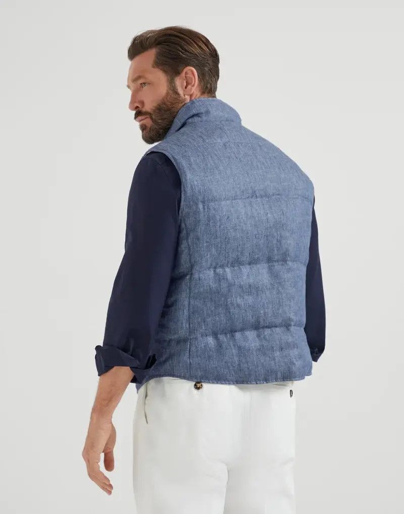 Brunello Cucinelli o1mle0725 Padded Linen Vests in Blue Size US M / EU 48-50 / 2 - 2 Thumbnail
